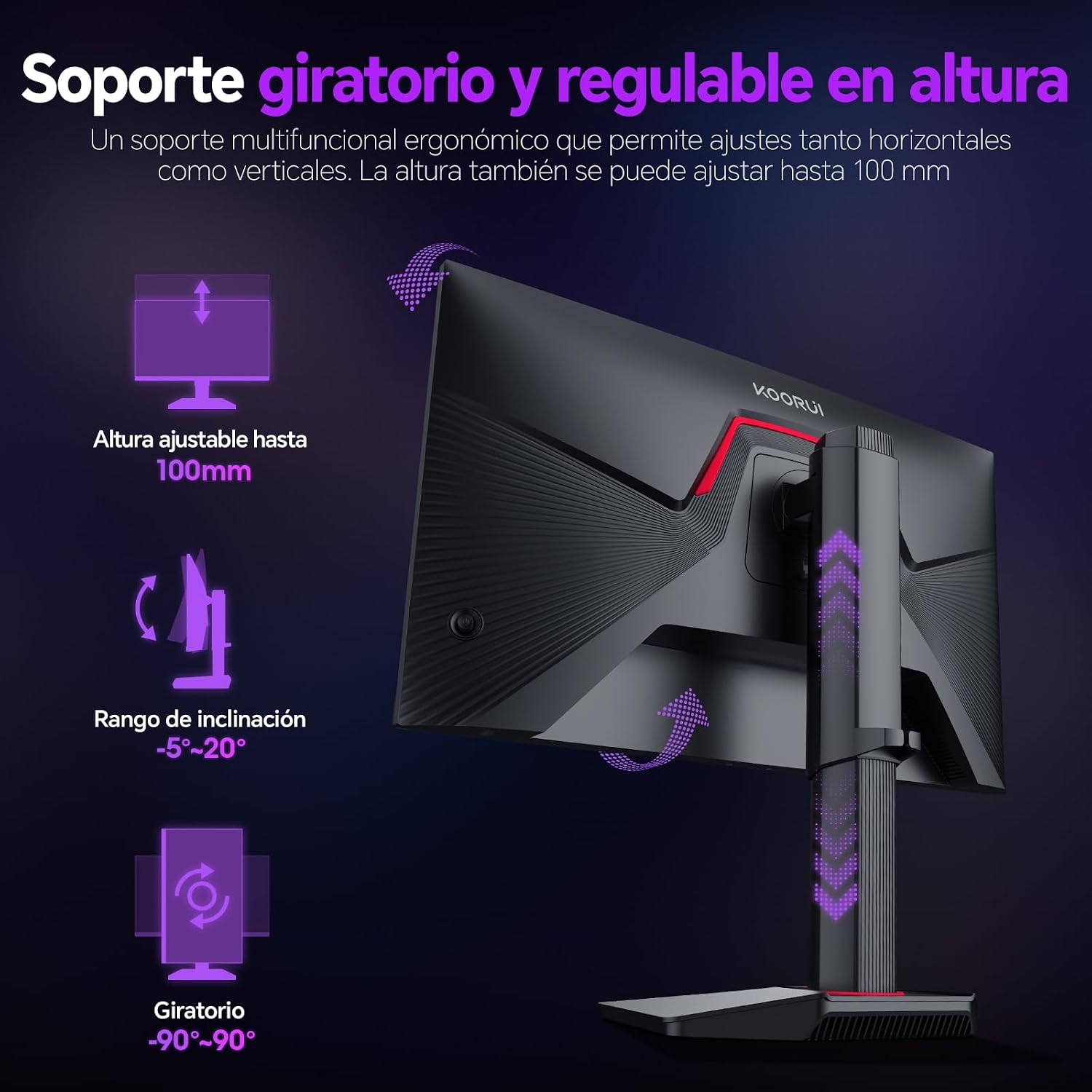 KOORUI G2722P Monitor Gaming QHD de 27″ Plano, Fast IPS, 200Hz, 1ms, Altura Ajustable (2560×1440, HDR 400, 400 nits, 95% DCI-P3, HDMI, DisplayPort) 6