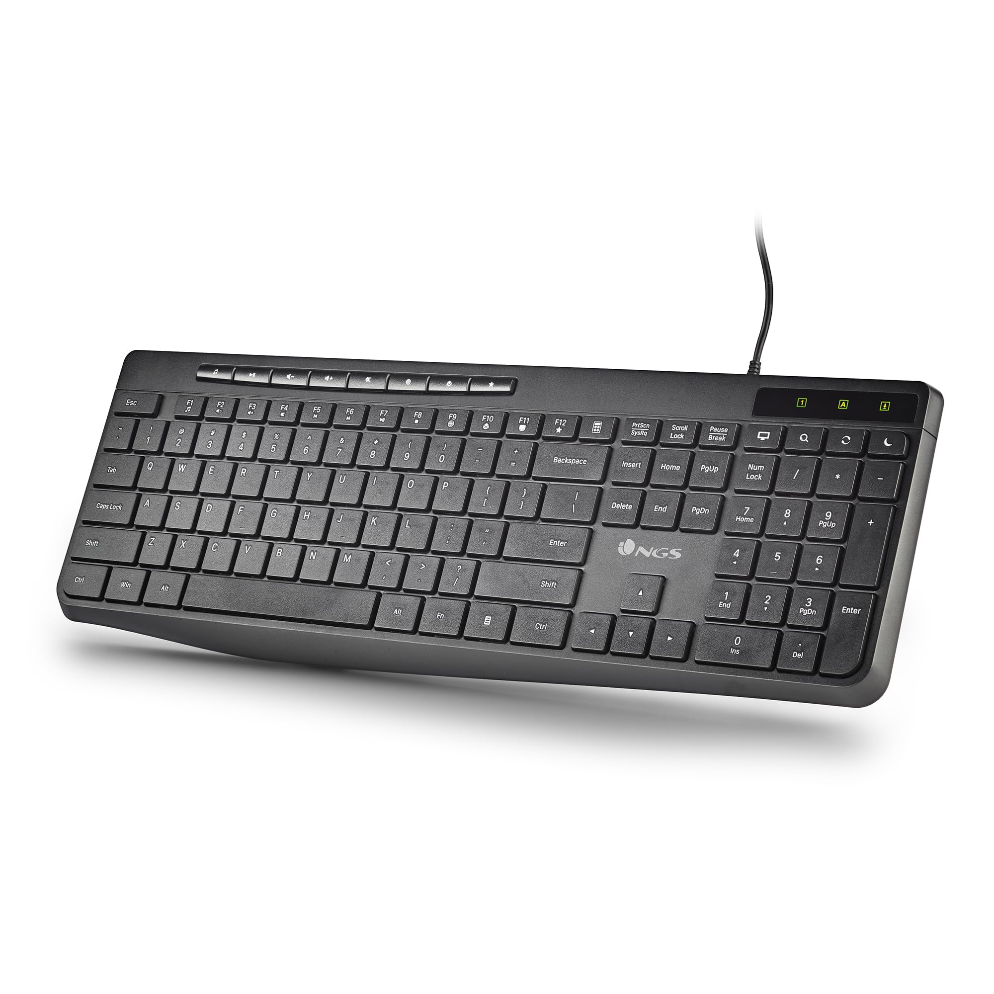 NGS Spectra French - Tastiera Multimediale Ultra Slim con Connessione USB-A, Tasti Silenziosi, 8 + 12 Tasti Multimediali, Resistente agli Schizzi, Fino a 10 Milioni di Battute, Design Ergonomico