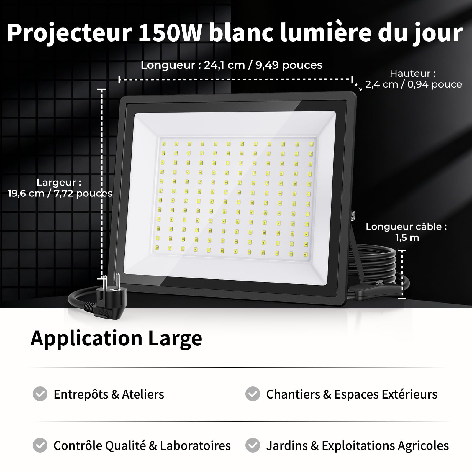 Projecteur LED Extérieur 150W IP66 16500LM 6500K Blanc Jour 2 Pièces