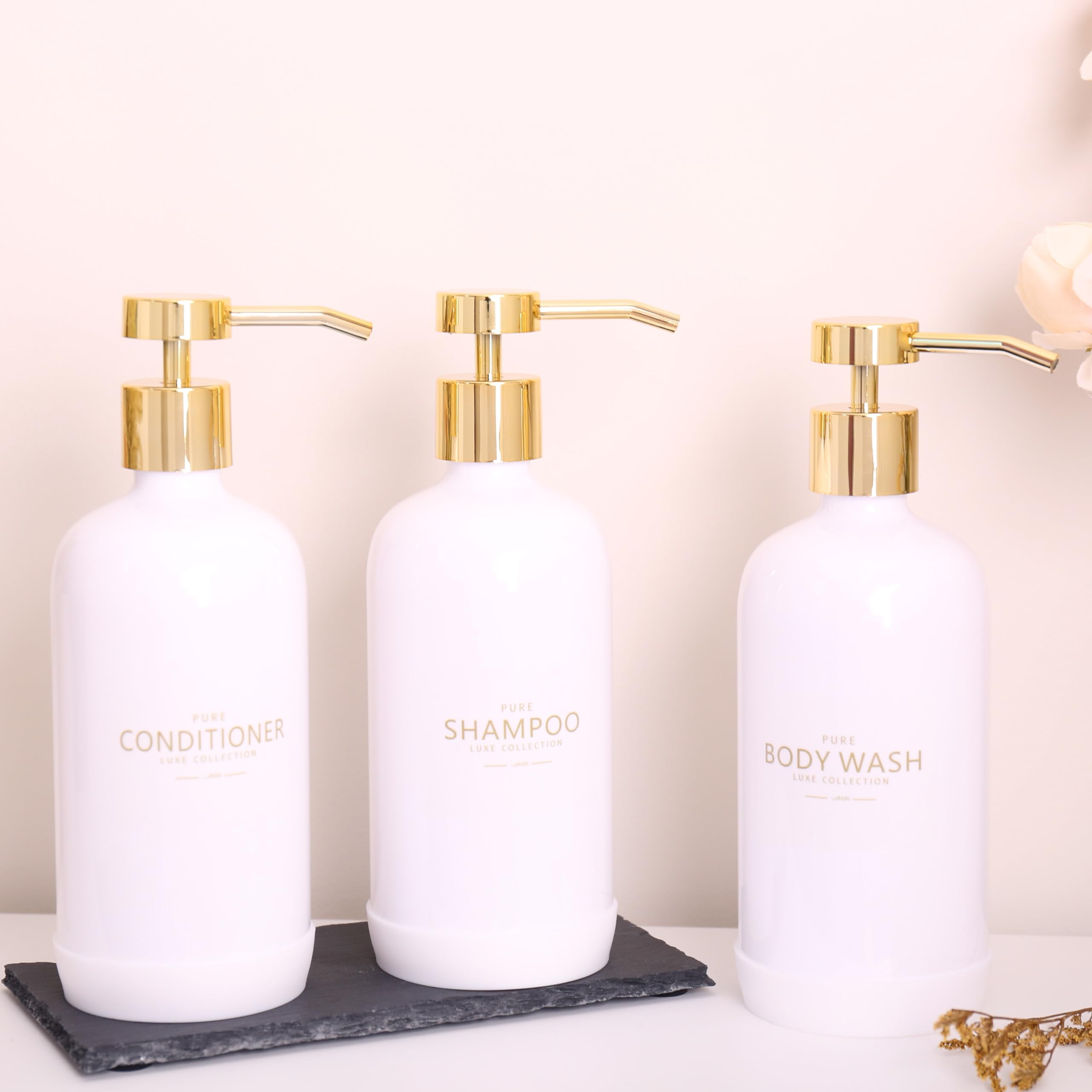 Janxin Shampoo and Conditioner Dispenser Set of 3,Refillable 21oz Shampoo Bottles with Non-Slip Protective Silicone Pad,Shower Soap Dispenser with Waterproof Labels for Bathroom (White) - Image 3