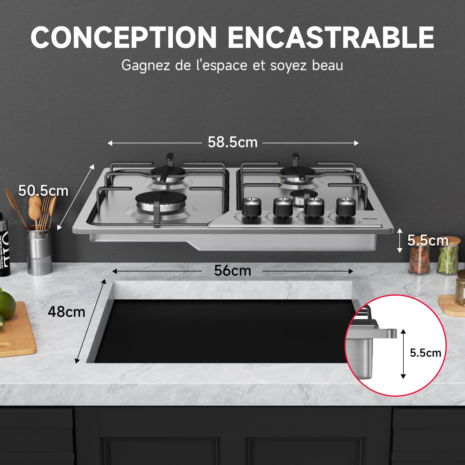 IsEasy Piano Cottura a Gas 4 Fuochi Incasso in Acciaio Inox, 60cm con Bruciatore da 7.2 kW, Sicurezza Termocoppia, Alimentazione Metano/GPL