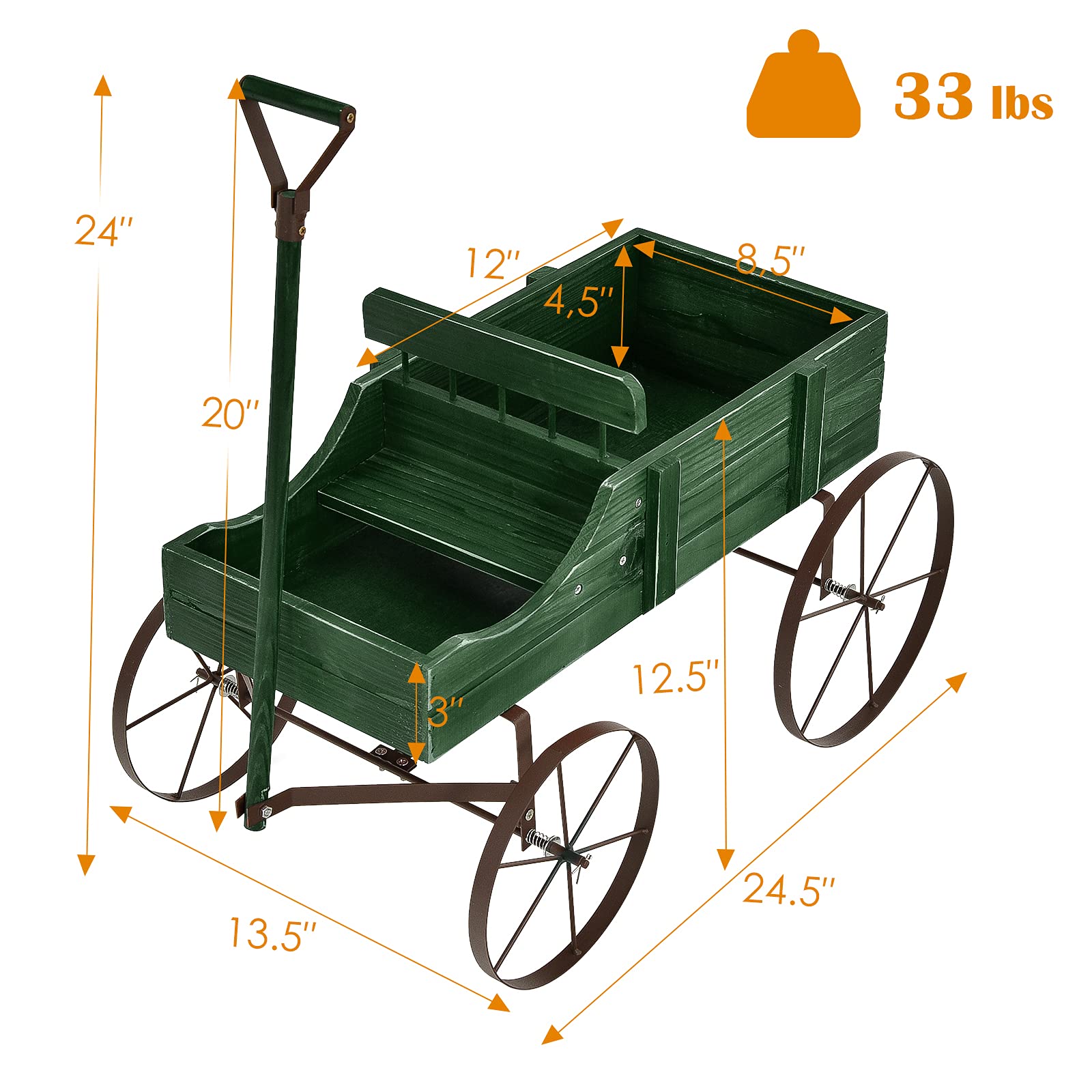 RELAX4LIFE Brouette Décorative en Bois avec 4 Roues en Métal, Chariot à Fleurs avec Capacité de Charge Jusqu'à 15 kg, Bac à Fleurs pour Jardin Balcon Terrasse, Marron/Vert/Rouge (Vert)