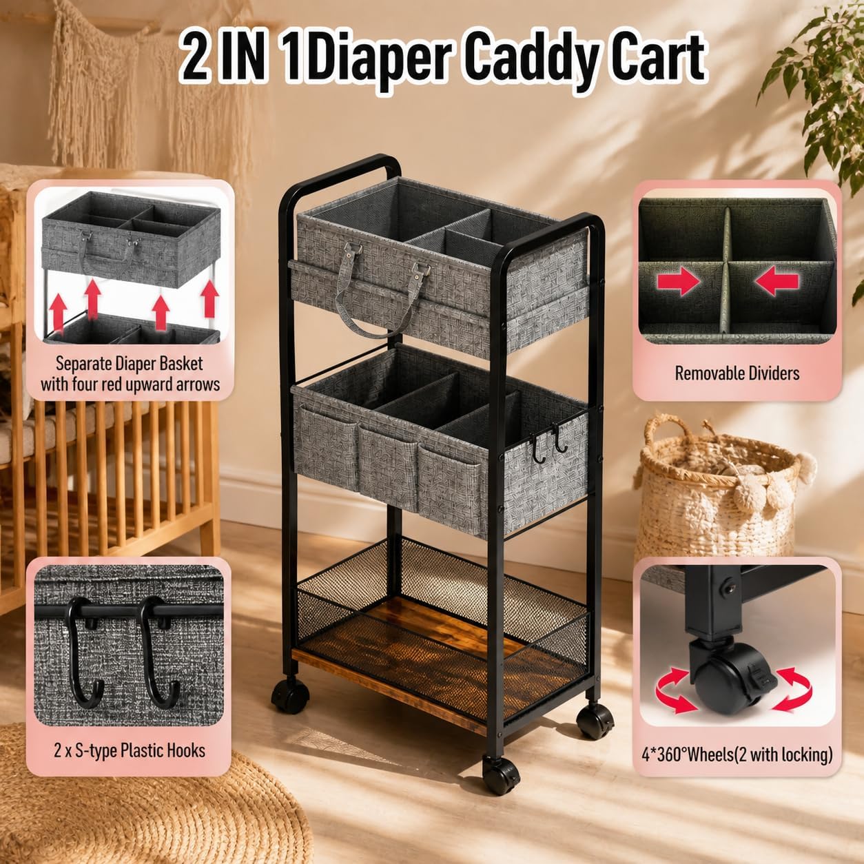 2In1 Baby Diaper Caddy, 3-Tier Rolling Diaper Cart Organizer, with Dividers Mobile Metal Utility Cart, for Nursery Essentials Detachable Bedside Cart Large Capacity