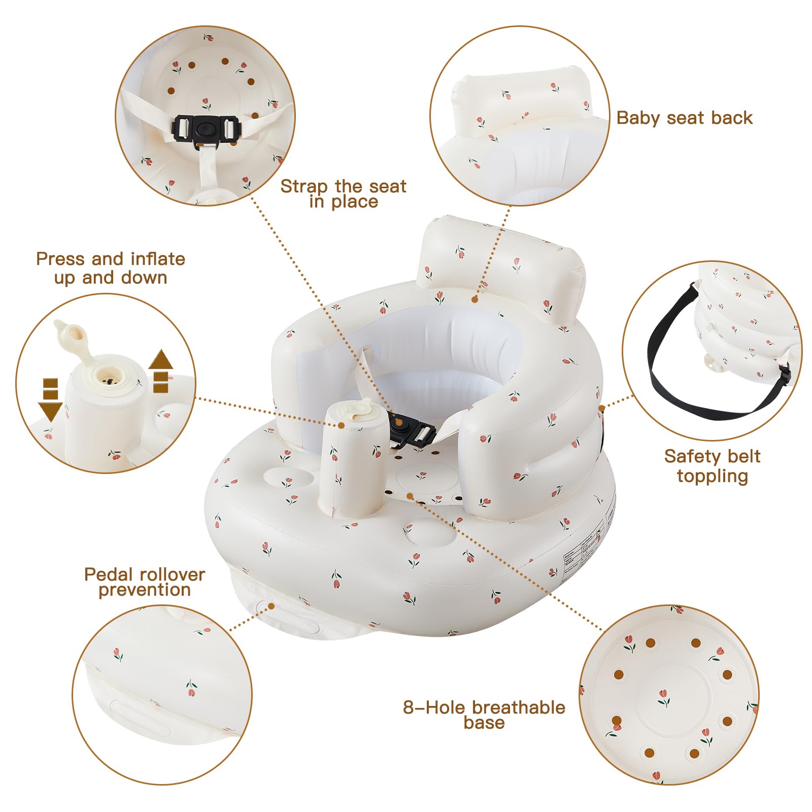 Inflatable Infant Seat - Built-in Air Pump, Adjustable Harness, Suitable for Infants 3-36 Months, Portable, sit me up Floor seat for Baby?Tulips?