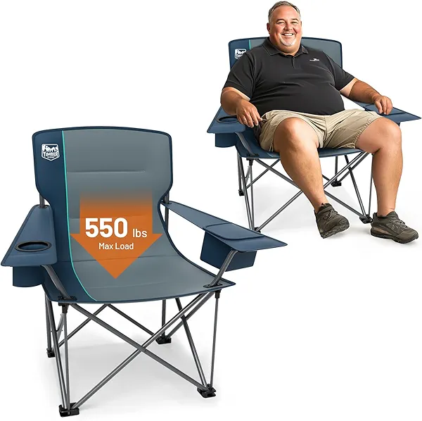 Timber Ridge Oversized Folding Camping Chair for Adults, Support 550 LBS Heavy Duty Chairs with Cup Holder Side Pocket for Camping, Lawn, Picnic, 2 Pack(Navy)