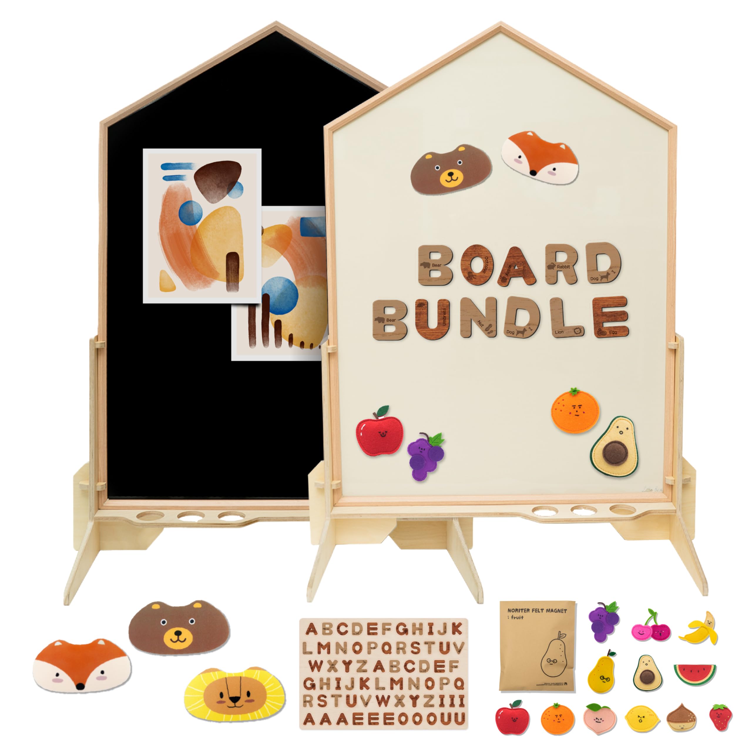 NORITER PROJECTㅣDream Bundle (Double-Sided Magnetic Marker Board + Birchwood Stand + Alphabet Magnets + Fruit Felt Magnets + Magnetic Eraser Set (3)) ㅣMade in Korea