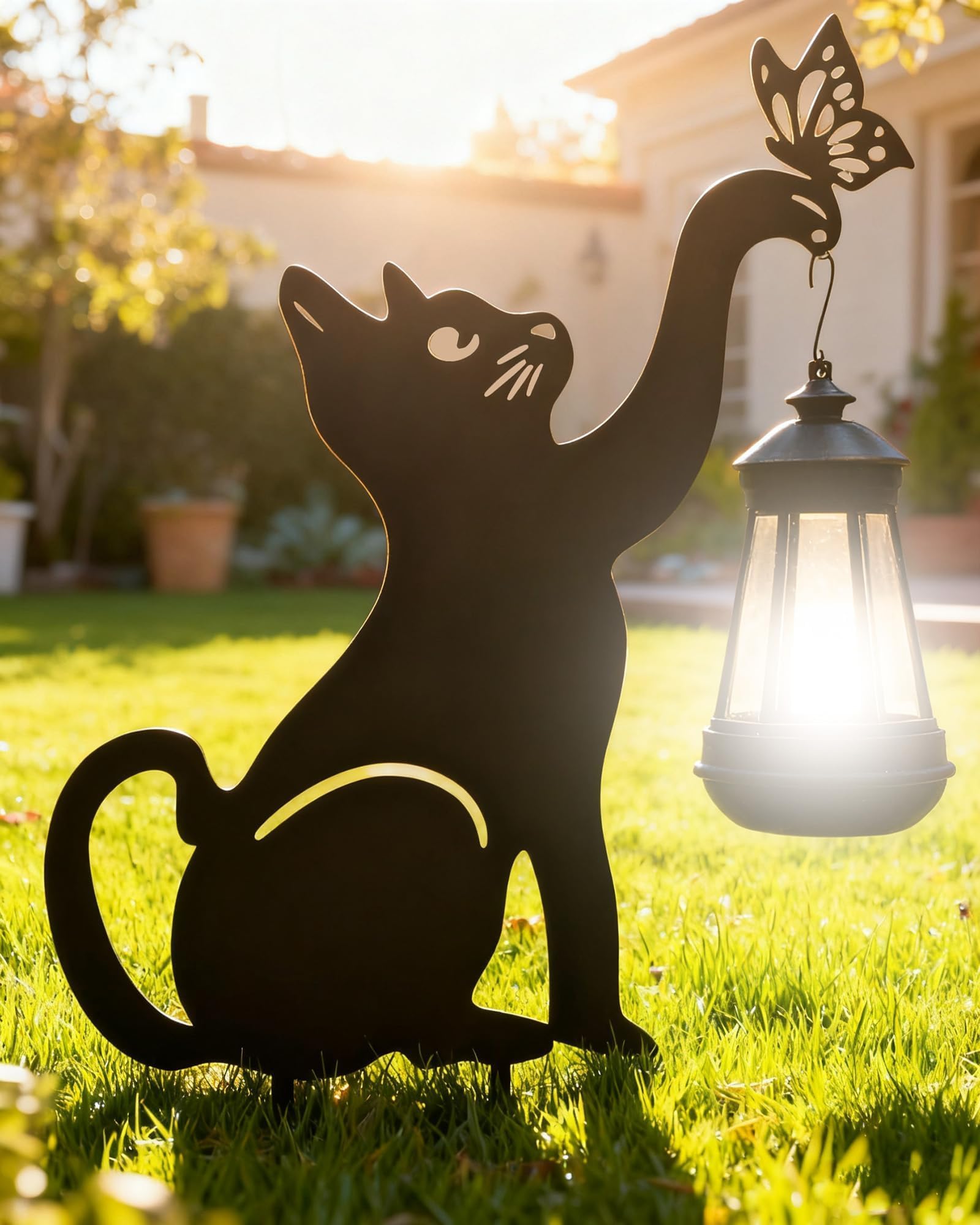 Luces solares de gato negro para exteriores, regalos para amantes de los gatos, para mamá, mujer, abuela, decoración de jardín con mariposa decorativa de metal, adorno de inauguración de la casa para