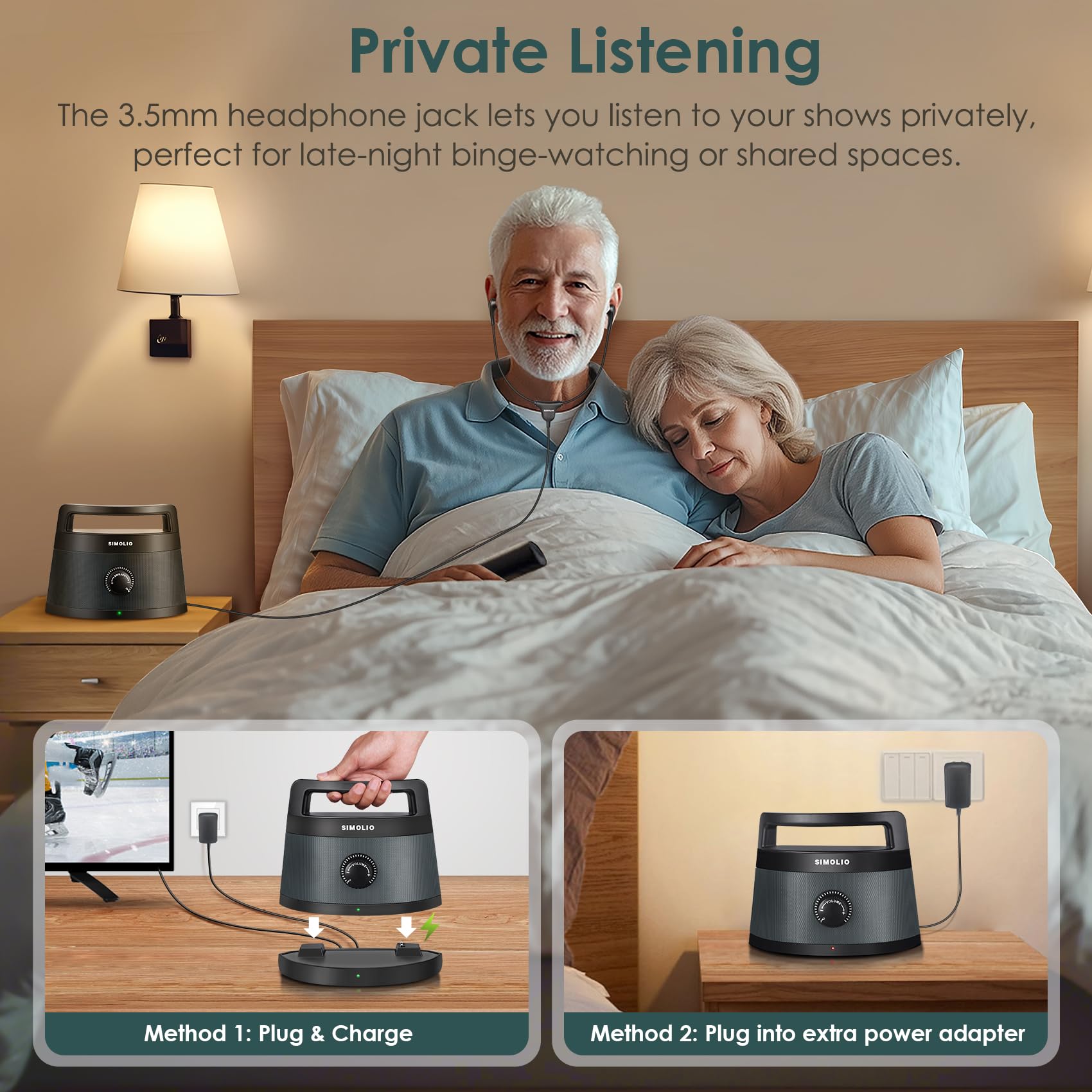 SIMOLIO Enceintes TV sans Fil Seniors Malentendants Bluetooth Haut-parleurs 3 Modes Égalisation Améliorateur Dialogue 164 Pieds