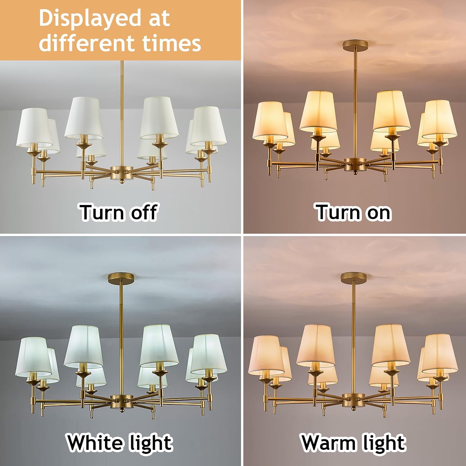 Gold Chandelier with Shades 8 Light Ceiling Light Fixture with Linen Fabric Farmhouse Pendant Lights for Bedroom Kitchen Dining Room Living Room Foyer