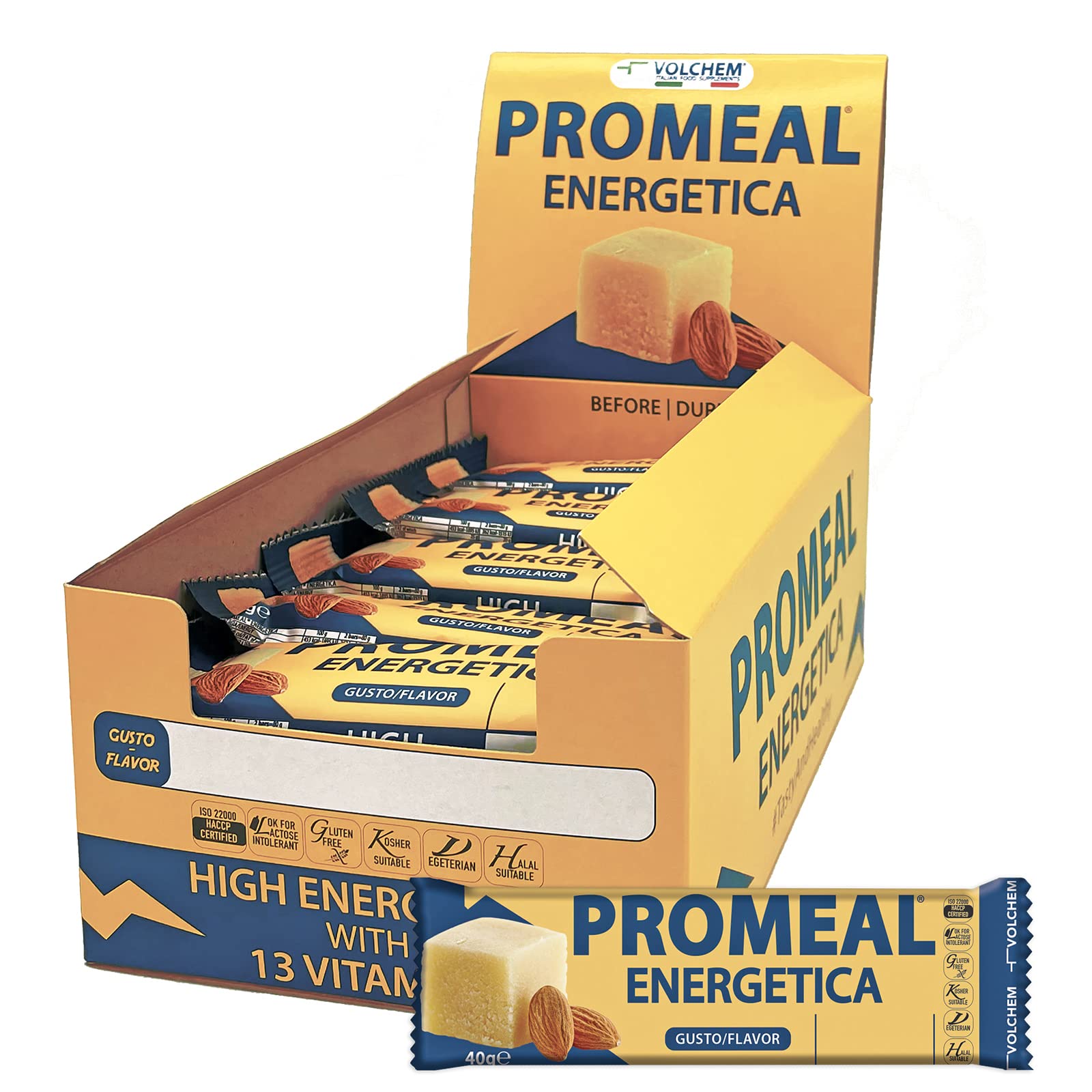 Volchem Promeal Energetica, Barretta Energetica di Pasta di Mandorle ad Alta Digeribilità, con Vitamine e Minerali, Senza Conservanti e Coloranti, Scatola da 25 Barrette, Gusto Arancia, 1000 g