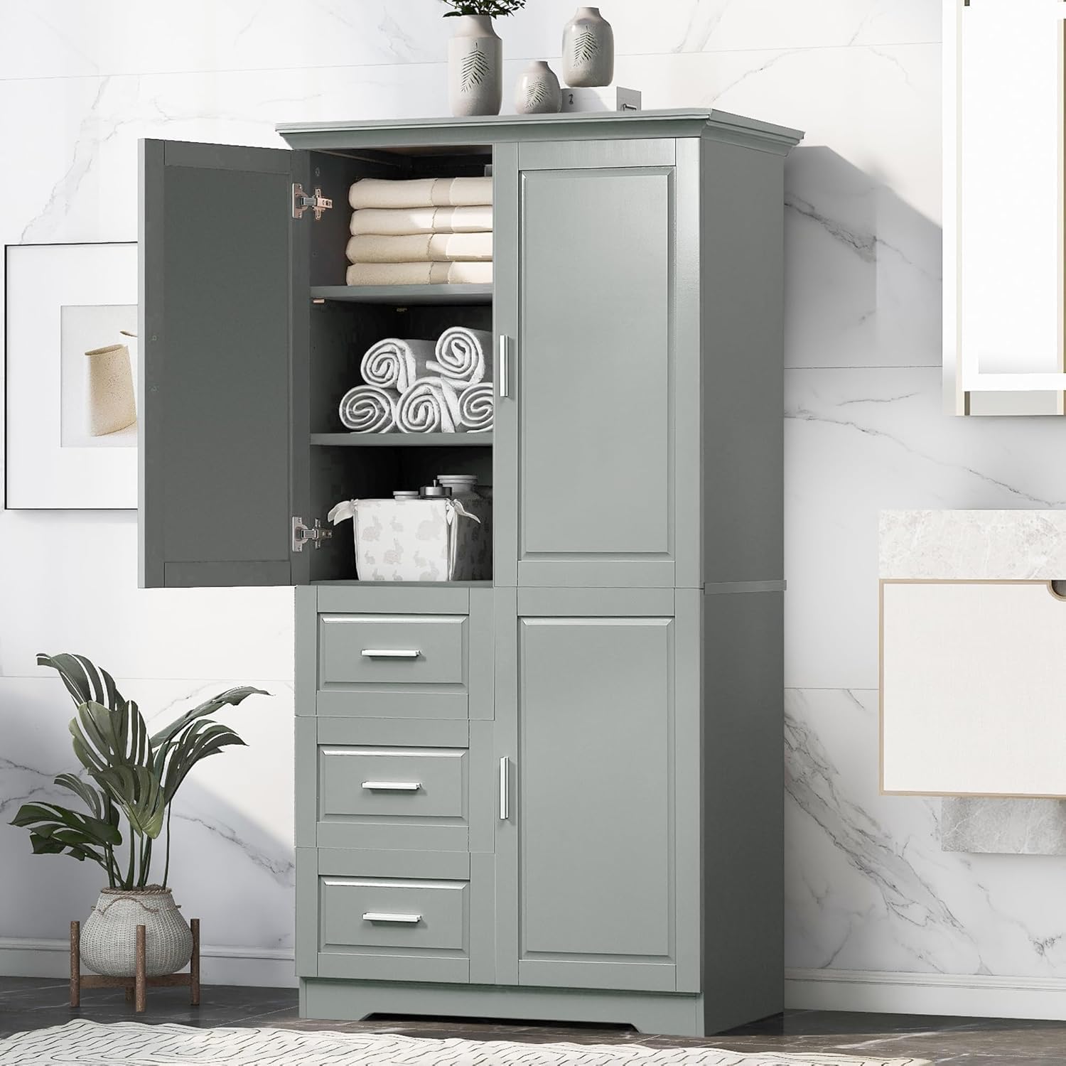 Tall Wide Storage Cabinet with 2 Doors and 4 Adjustable Shelves,Wood White Kitchen Pantry Cabinet for Bathroom Kitchen Office
