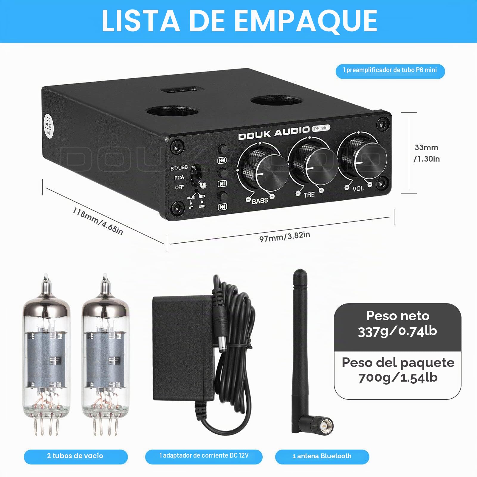 Douk Audio P6-mini HiFi Preamplificador de tubo Bluetooth Mini preamplificador de válvula estéreo Preamplificador de tubo con control de graves agudos para sistema de cine en casa