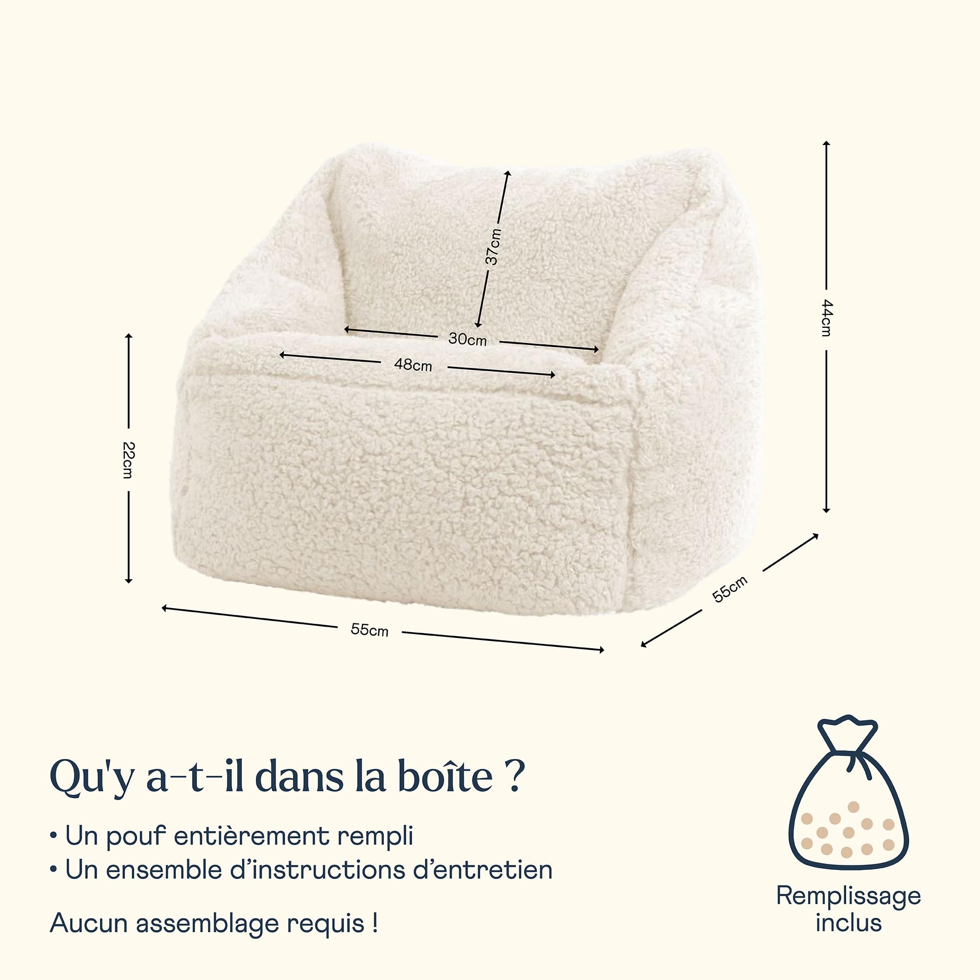 Icon Natalia Teddy Pouf Enfant, Tissu Bouclé, pour Poire avec Remplissage, Chaise Enfant, Fauteuil Chambre, Meuble Chambre, Meuble Salon, Crème