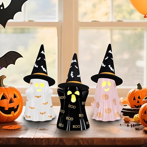 Miniatura 7 de Decoraciones de Halloween para interiores, 3 fantasmas de cerámica de Halloween con sombrero de bruja, bonita decoración espeluznante iluminada,