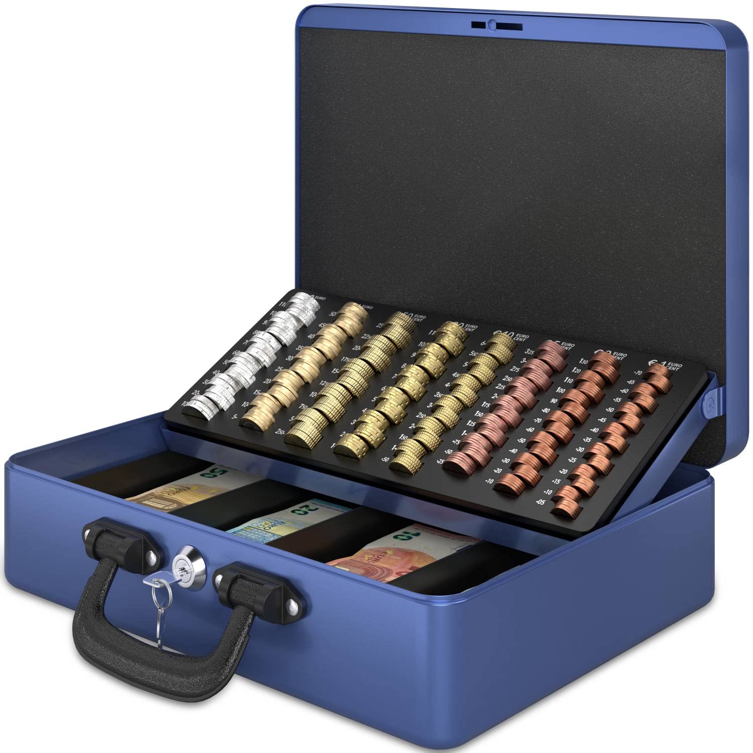 ACROPAQ Caisse monnaie grande professionelle avec monnayeur et 2 clés, Bleu