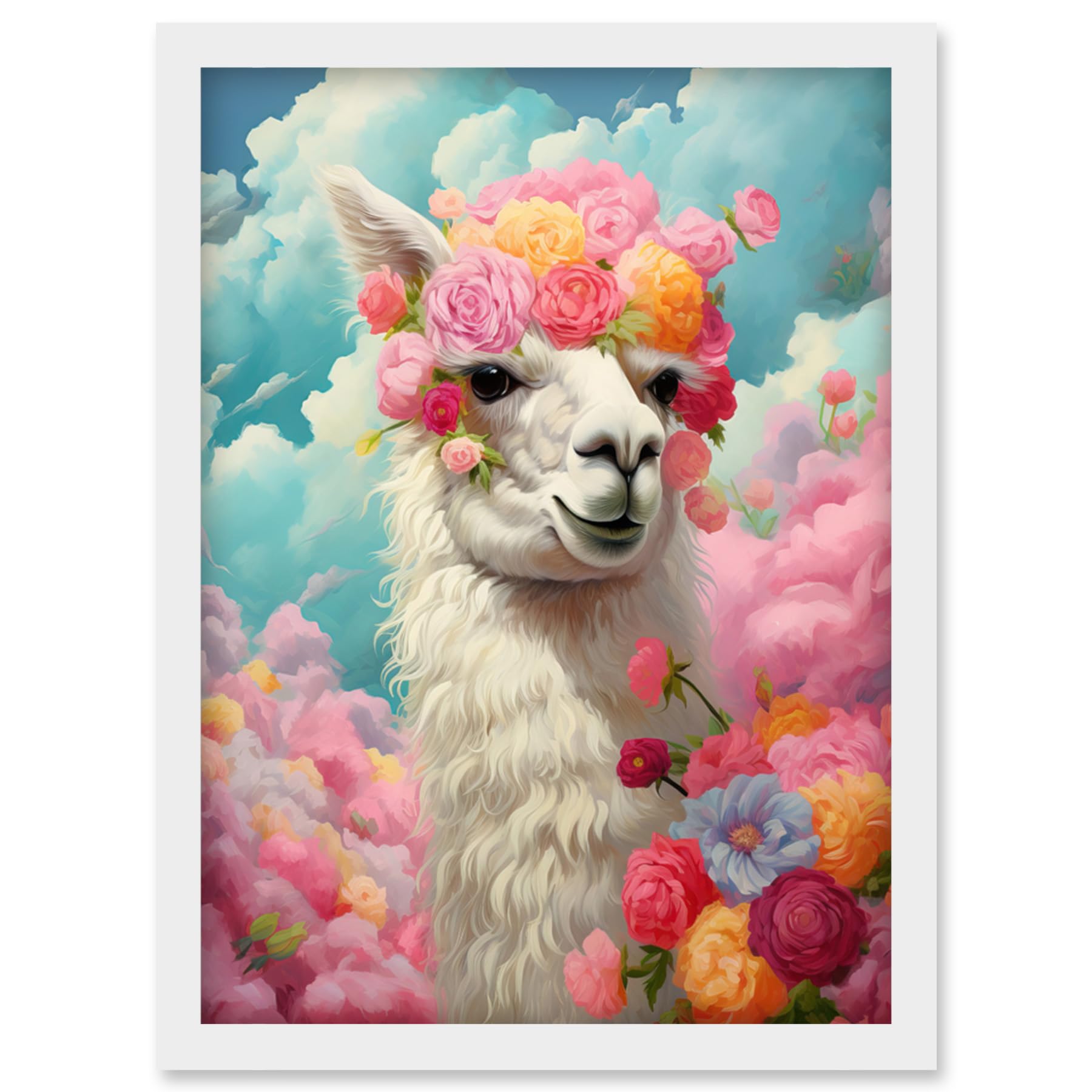 Artery8 Head in the Clouds Conceptual Artwork Fabulous Carefree Llama with Rose Flower Headband Kids Room Artwork Framed Wall Art Print A4