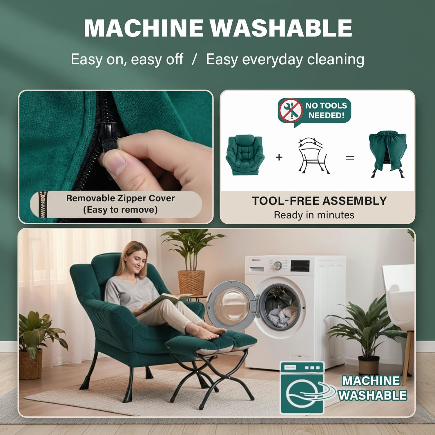 Lazy Chair and Ottoman, Large Green Velvet Accent Chair with Side Pocket, Modern Leisure Upholstered Sofa Reading Armchair with Footrest for Office, Bedroom, Living Room, Dorm Rooms, Balcony