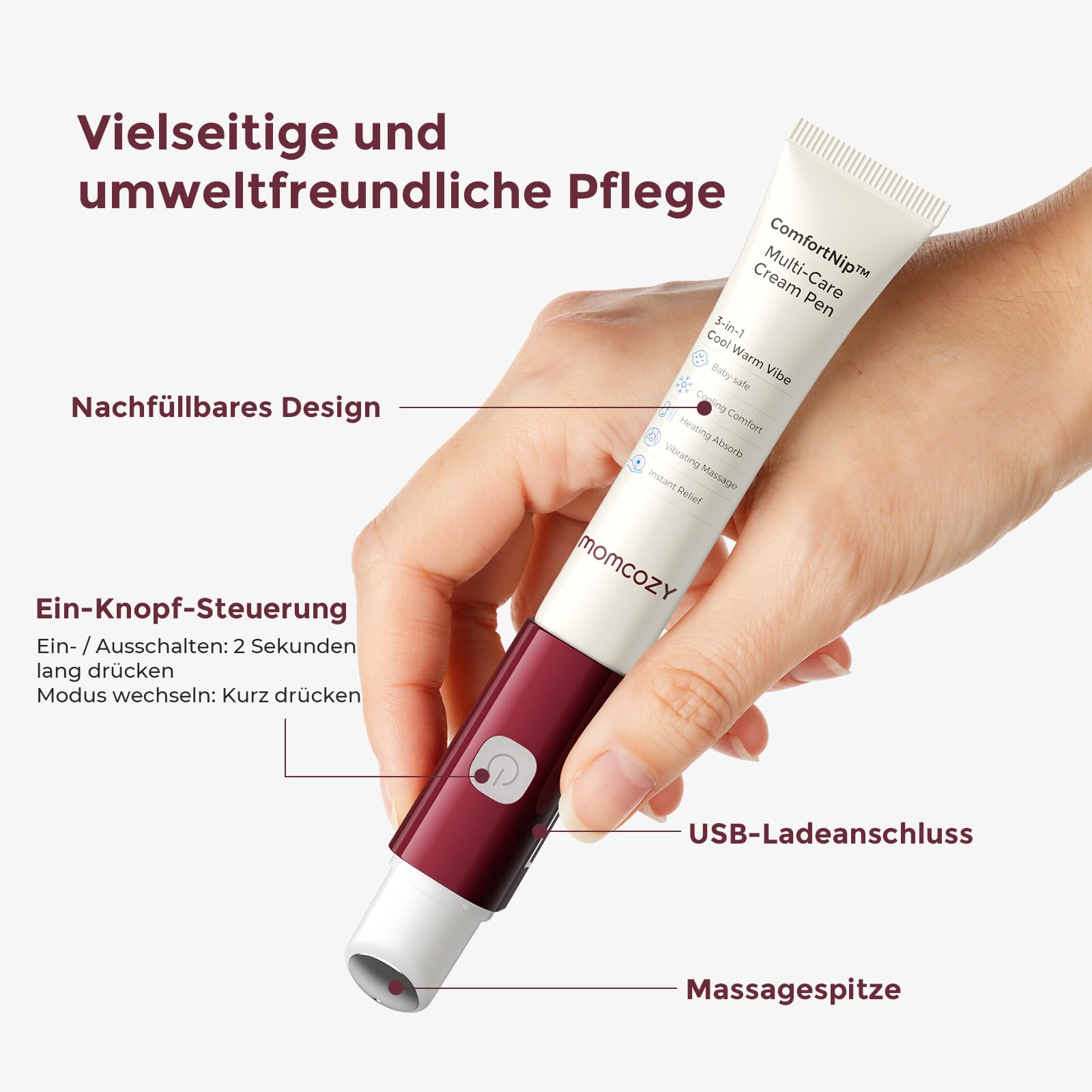 Momcozy ComfortNip Brustwarzensalbe Stillen, 3-in-1 Wärme-/Kühl-/Vibrations-Brustwarzensalbe-Stift | Berührungsfreier Kopf aus 316er Stahl, pflanzliche Stillcreme, wiederaufladbares, tragbares