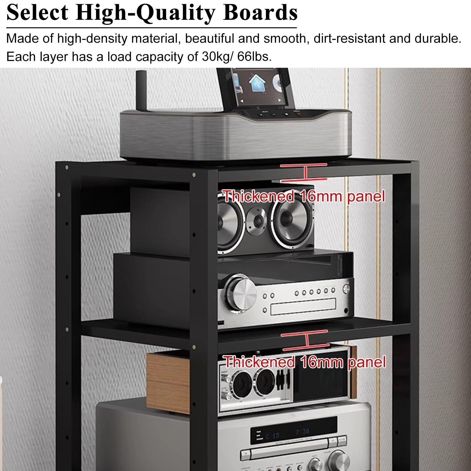 4/5/6-poziomowy stojak na odtwarzacz multimedialny AV, szafka na sprzęt audio o wysokości 110 cm, regulowane drewniane półki na gramofony / kable / konsole do gier (5 poziomów)