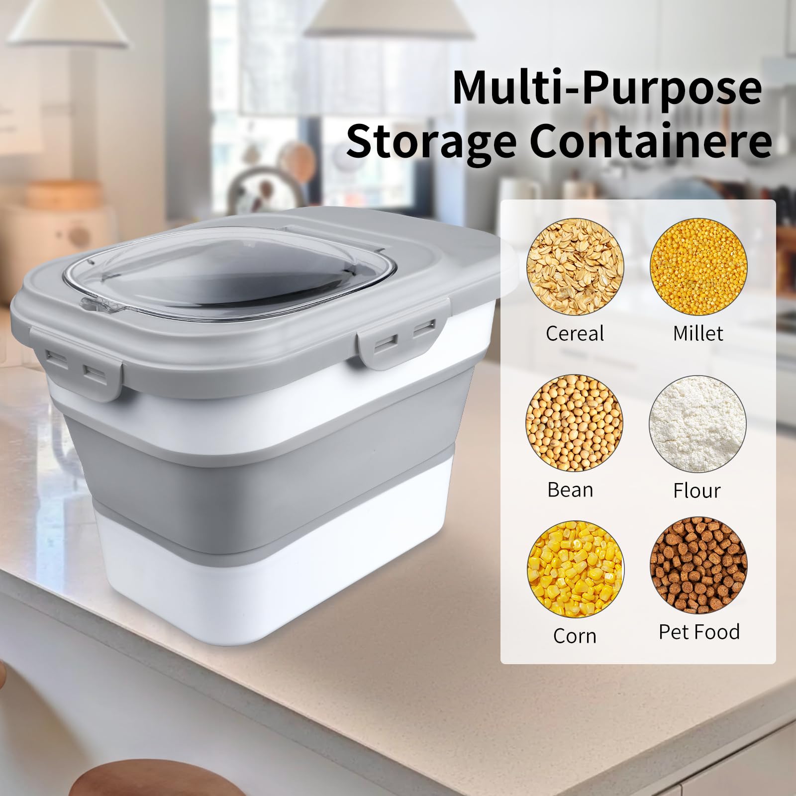 Komzon Contenitore per riso, contenitore ermetico pieghevole per alimenti, 2,7-9,1 kg, dispenser per riso con misurino e piccolo cestino per farina, cereali, pasta, cereali, gatti, animali domestici