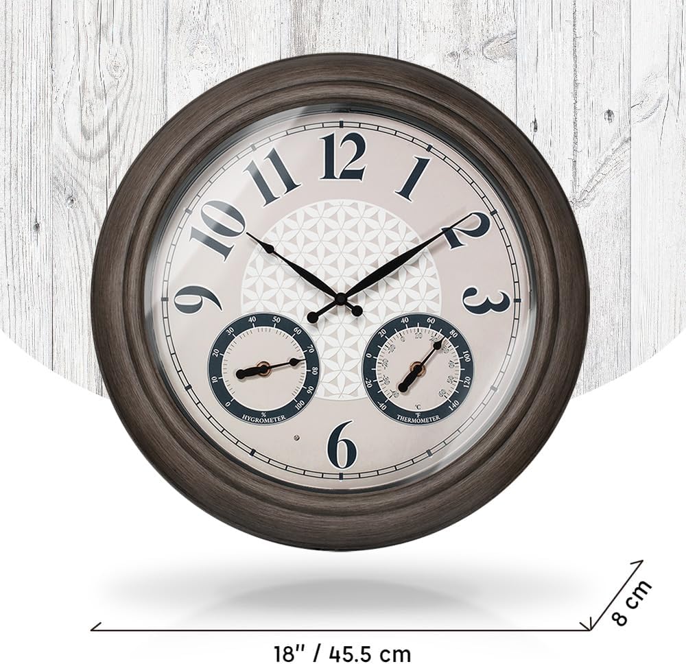 Presentime & Co. 18 Inch Illuminated Outdoor Clock, Waterproof Lighted Large Wall Clock with Thermometer & Hygrometer, Elegant & Vintage Home Decor for Garden, Patio, Pool, Grey Oak Finish