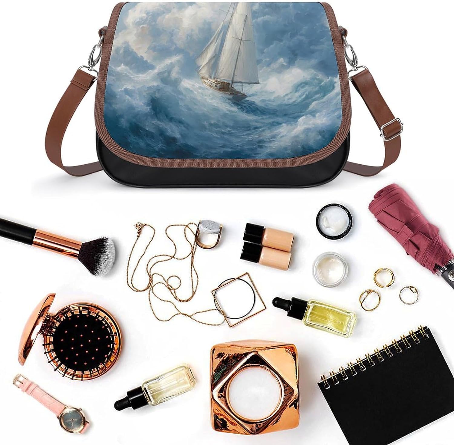 Sailboat Sailing on Rough Waves Women Crossbody Purse Leather Messenger Bag Handbags Shoulder Strap Bags