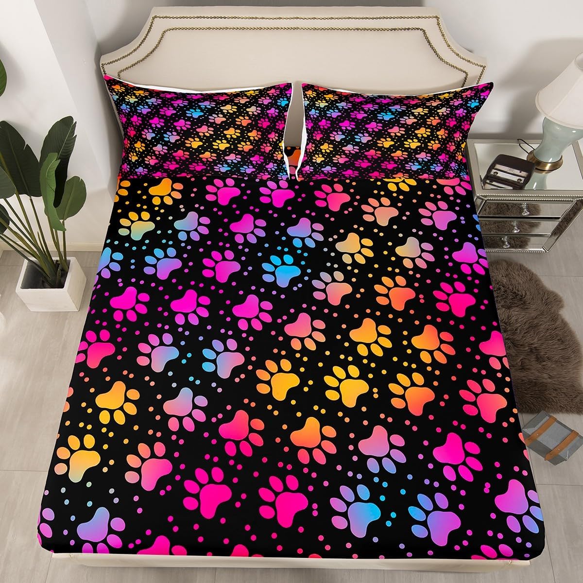 Castle Fairy Dog Paw Print Bed Sheet Set Twin Size,Watercolor Gradient Puppy for Dog Lover Fitted Sheet with 1 Flat + 1 Pillow Sham,Funny Pets Animal Bedding Set for Kids Boys Bedroom Decor image 4
