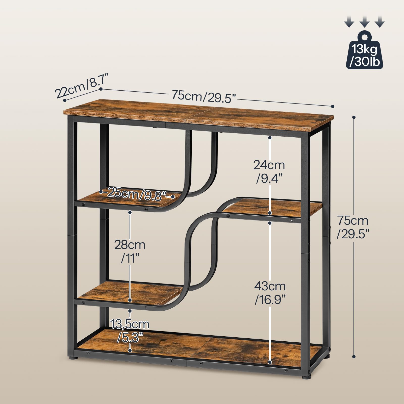 HOOBRO Console Meuble Étroite à 5 Étages, Table d’Entrée Style Industriel Rétro, pour Entrée, Salon, Couloir, Cadre en Fer et Plateau à Motifs de Bois, Marron Rustique et Noir EBF69XG01