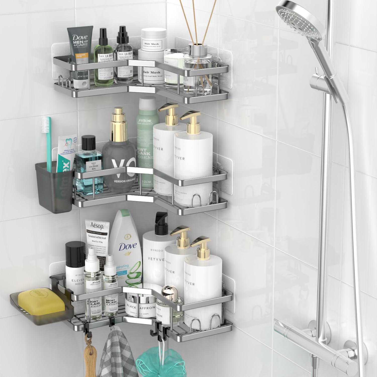 AKTECKE Corner Shower Caddy Bathroom Organizer: Adhesive Shower Rack Bathtub Shelves - 3Pack No Drilling Shower Shelf For Inside Shower - Stainless Steel Rustproof Bath Tub Organizer