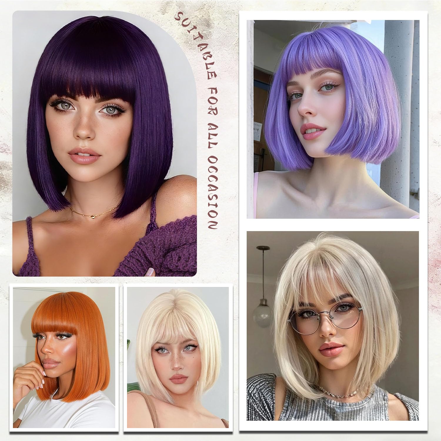 Bob Purple Wig for Women Short Straight Dark Purple Wigs with Bangs Natural Fashion Synthetic Wig for Party Daily Cosplay Colorful Costume Wig Use 12 Inch - Image 6
