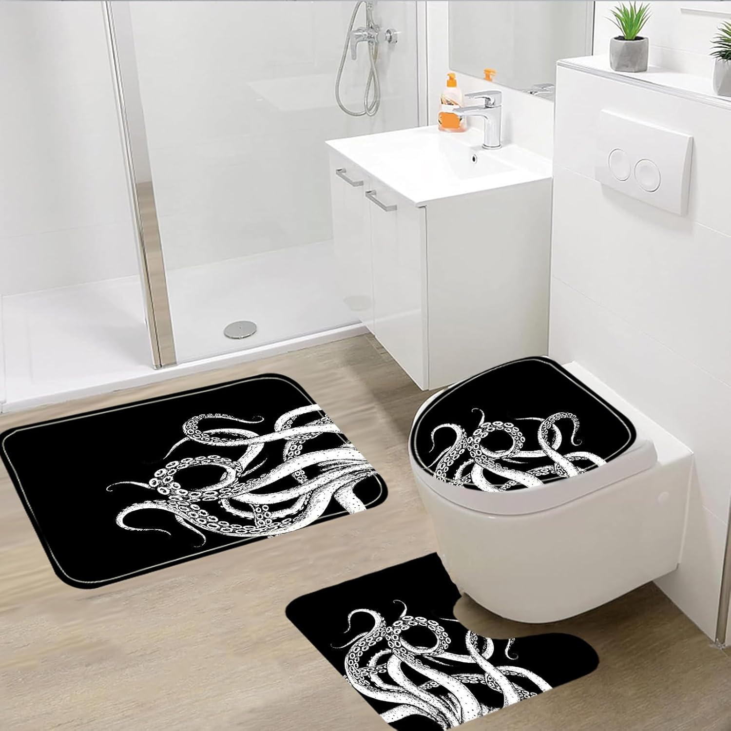 4 Pcs Nautical Octopus Shower Curtain Set with Funny Black and White Sea Shower Curtain and Carpet and Accessories, Waterproof Bathroom Shower Curtains Decorative Set with 12 pcs Hooks,