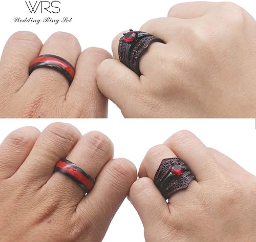 Miniatura 5 de Juego de anillos de boda de dos anillos para parejas, anillos a juego para mujer, 2 piezas, chapado en oro negro, circonita roja, anillo de