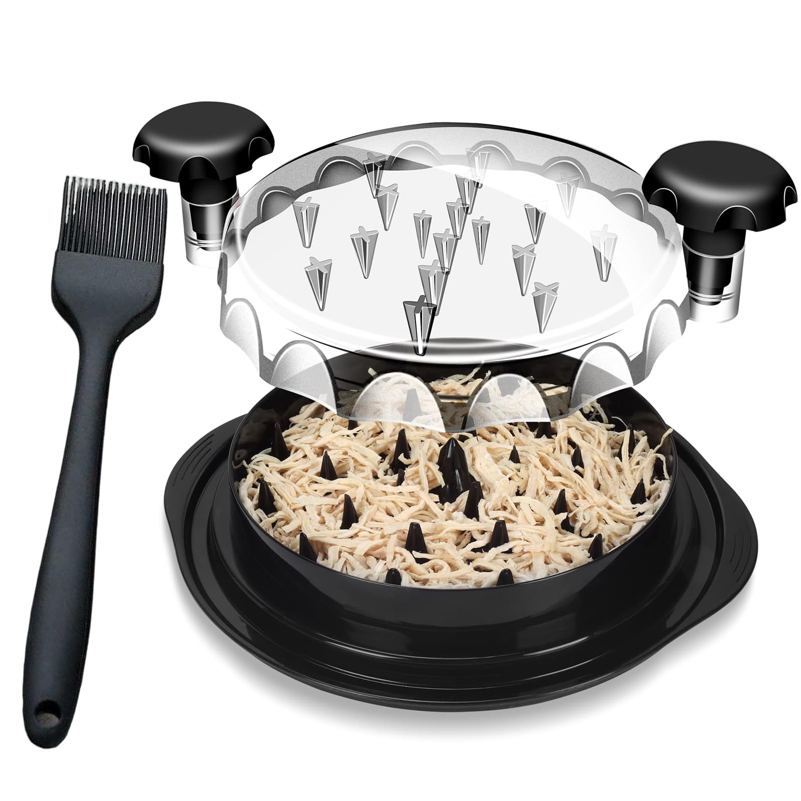 Chicken Shredder Tool with Cleaning Brush & Handles - Non-Skid Base Shred Chicken Tool (10.6") - Visible Chicken Breast Tool Twist - Large Meat Shredder Machine - Meat Shredder Tool for Kitchen(Black)