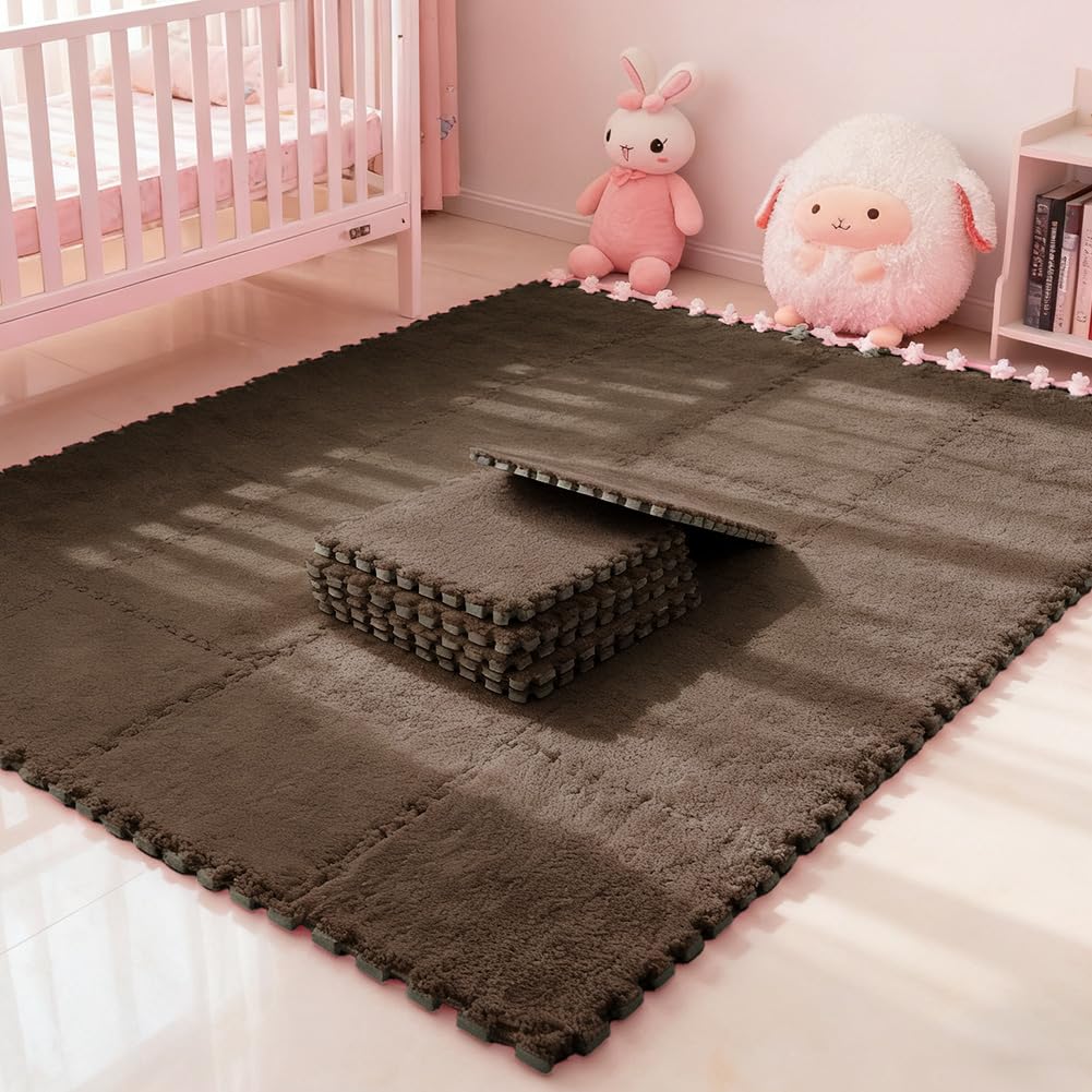 12 alfombrillas de espuma para alfombra de felpa, entrelazadas para salón, color marrón oscuro