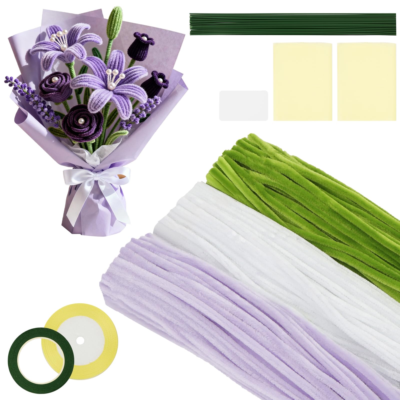 AYESY Pipe Cleaners for Craft, 300PCS 30cm Long Super Flexible Fluffy Craft Set with Flower Stems and Florist Tape, 6mm Chenille Stems for DIY Crafts, Making Flowers, Animals Decorations(Purple) โ image 1