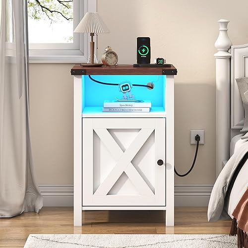 Miniatura 10 de Juego de 2 mesitas de noche LED de granja con estación de carga, mesa auxiliar rústica con puerta de granero y estante de almacenamiento, mesita de