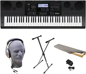 Casio Pacote de teclado premium WK-6600 PPK 76 teclas com suporte, adaptador de alimentação, capa contra poeira e fones de ouvido Samson HP30