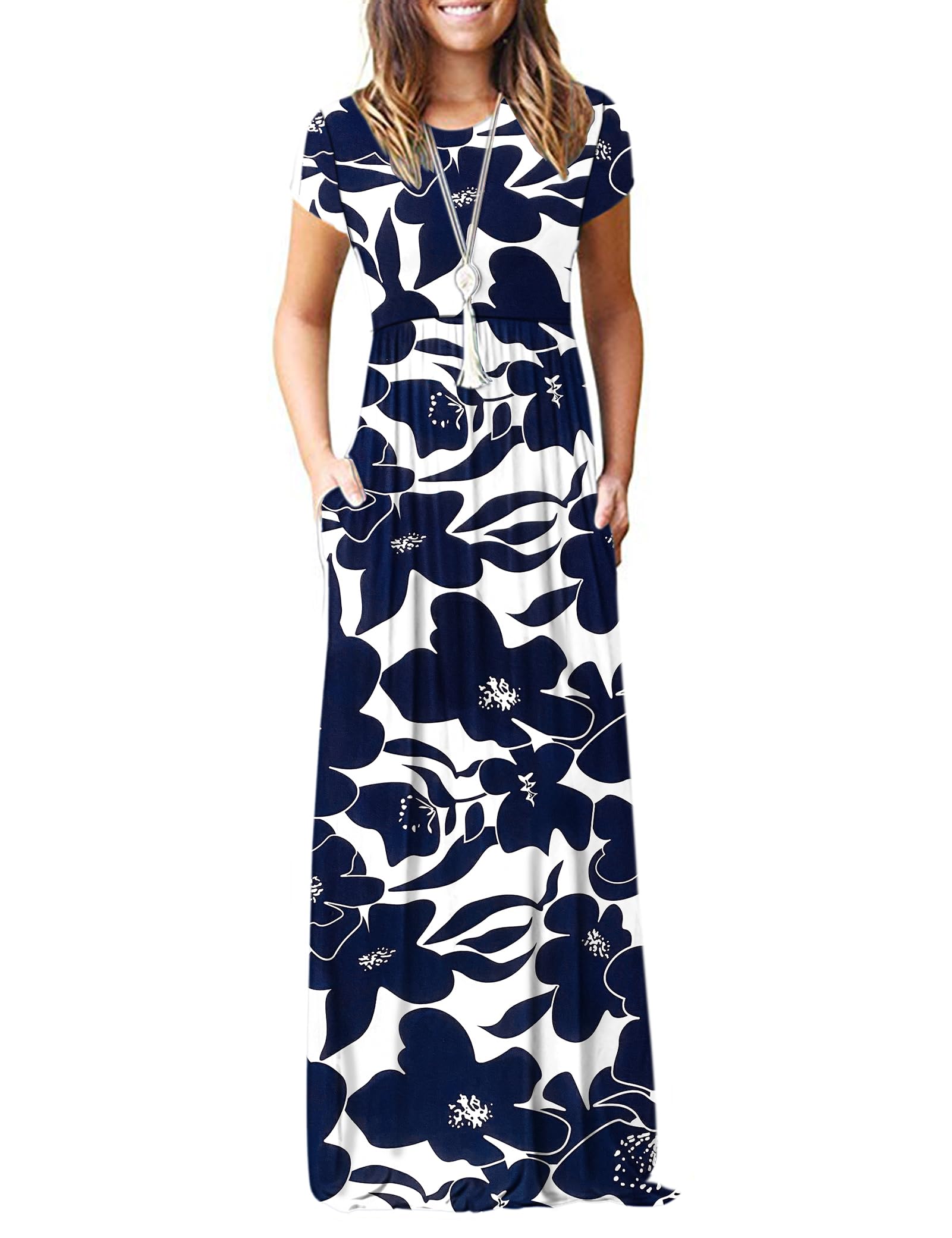 AUSELILY Women's Summer Short Sleeve Loose Plain Casual Long Maxi Dresses | Year Round wear solid floral print, Casual wear, Empire waist, Floor length, Side pockets