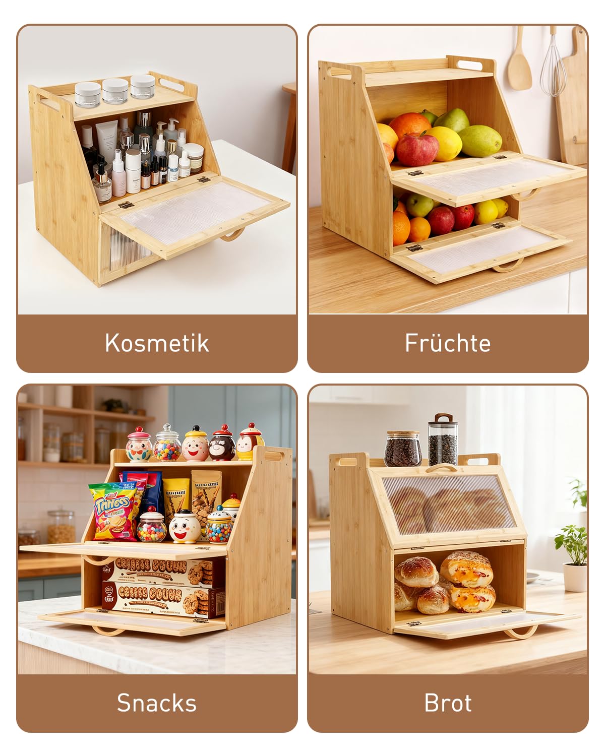 Panera de bambú, almacenamiento de pan de 2 niveles, contenedor de pan de gran capacidad para una mayor frescura, elegante panera de cocina con ventilación para pan y tostadas