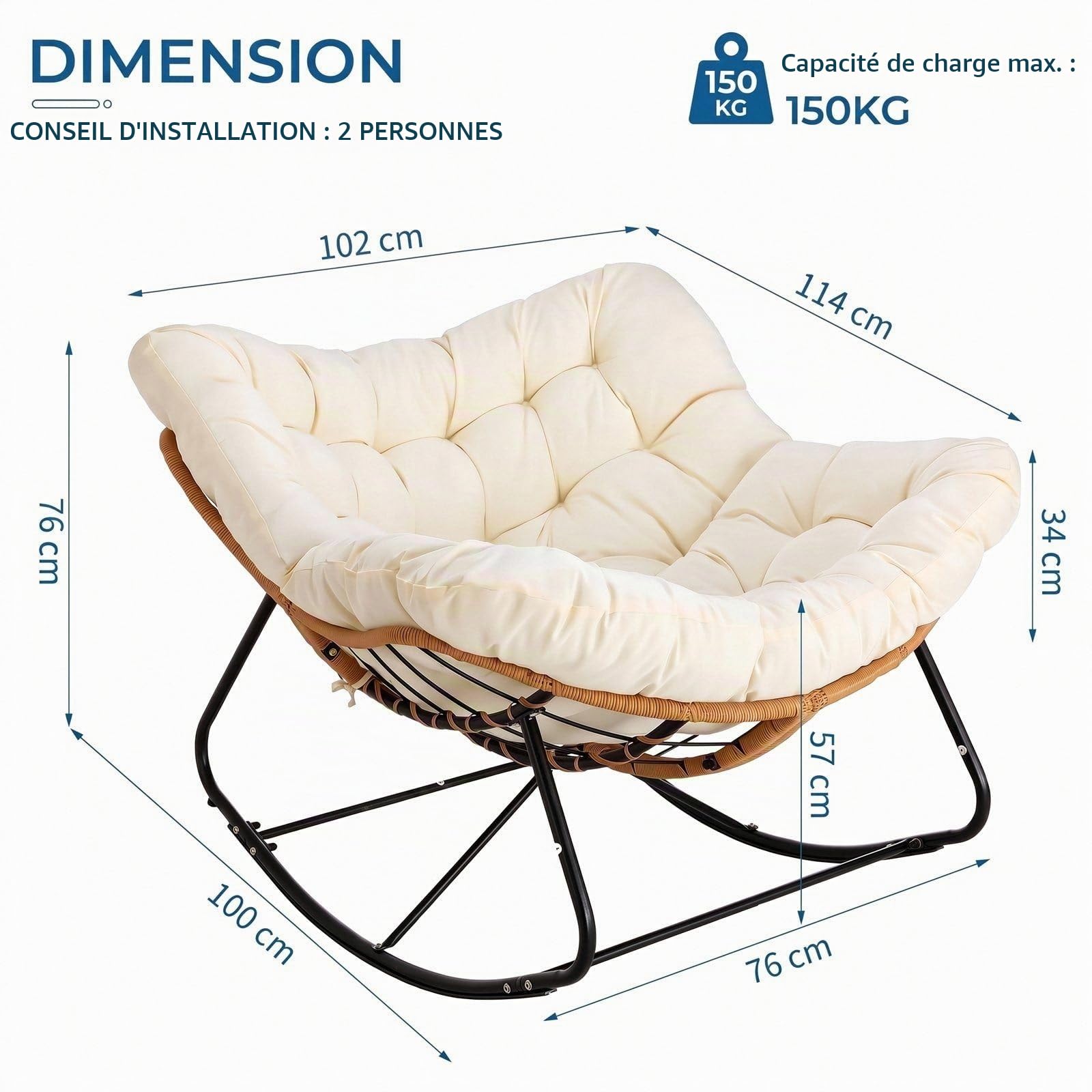 LIFERUN Fauteuil à Bascule XXL, Chaise a Bascule en rotin, Charge 150 kg