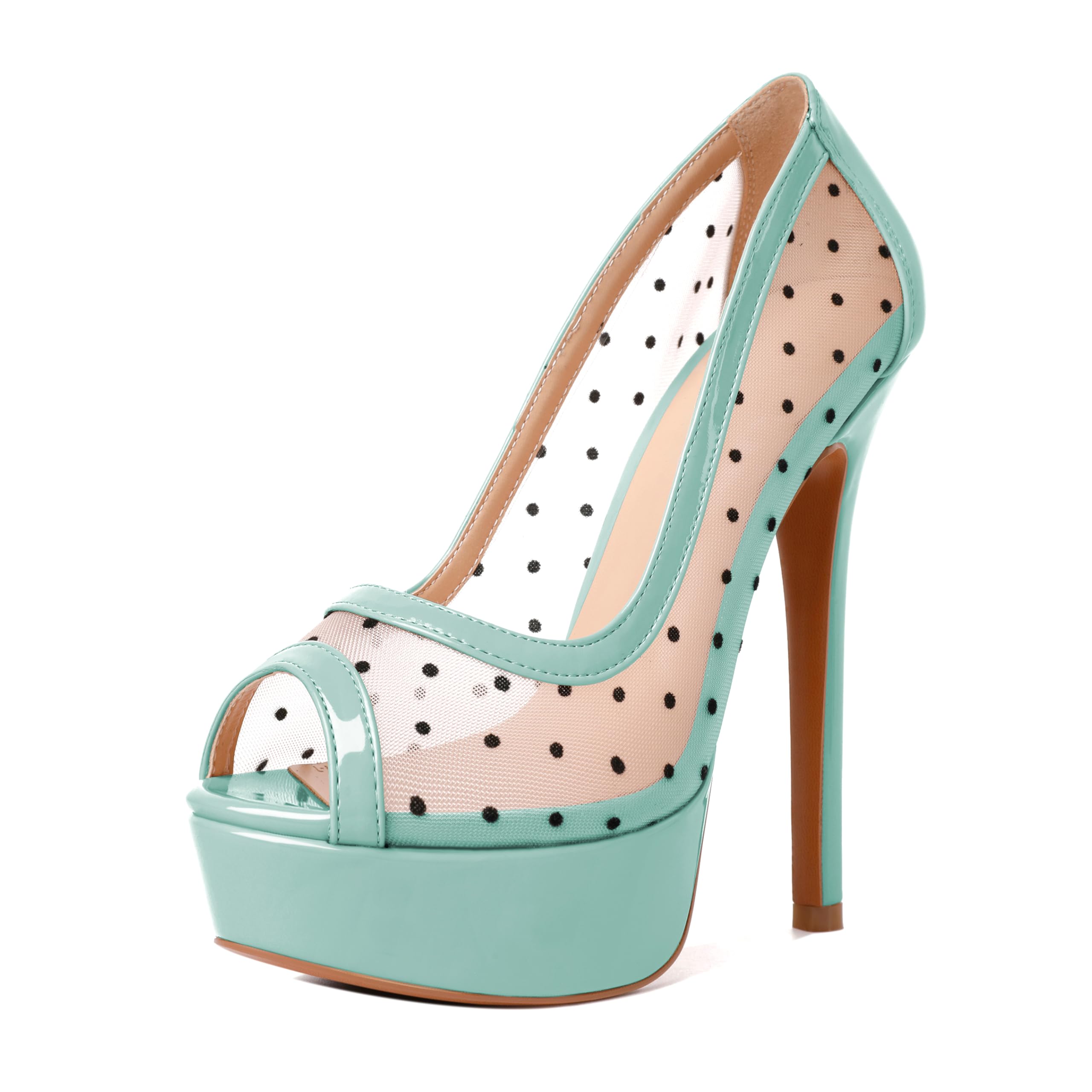 AUMOTED Women's Peep Toe High Heel Platform Stiletto Pumps Slip On Patent Mesh Polka Dot Heels 5.5" Party Wedding Dress Shoes: 8 Mint Green