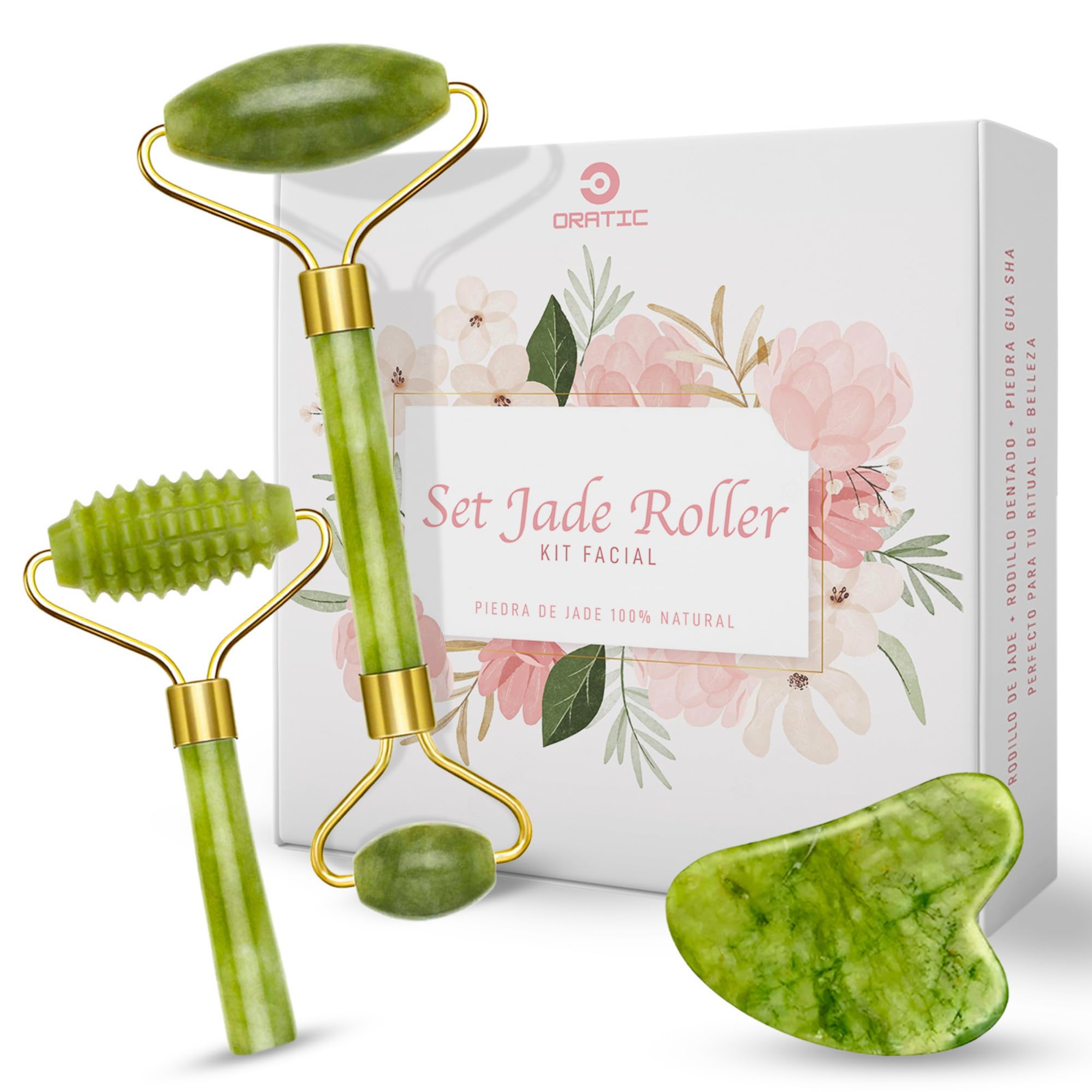 Set Gua Sha Facial y Rodillo de Jade 100% auténtico | Masajeador Facial con Rodillo Liso, Rodillo Dentado y Piedra Guasha | Kit Reafirmante y Drenaje antiarrugas para tonificar la piel - 1