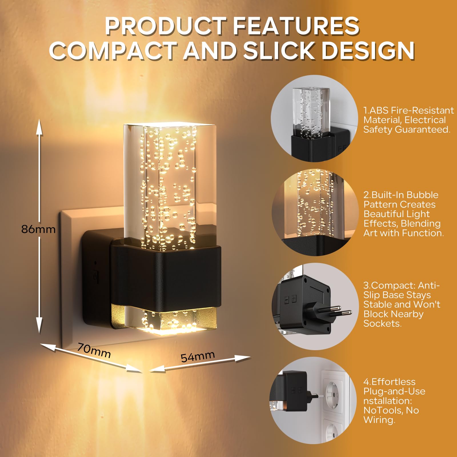 Quntis Luce Notturna da Presa con Sensore Crepuscolare, Luce Notturna con Design a Bolla in Acrilico, 3 Livelli di Luminosità Regolabile, 2 Pezzi Luci Notturne da Presa, 3000K Bianco Caldo - 4