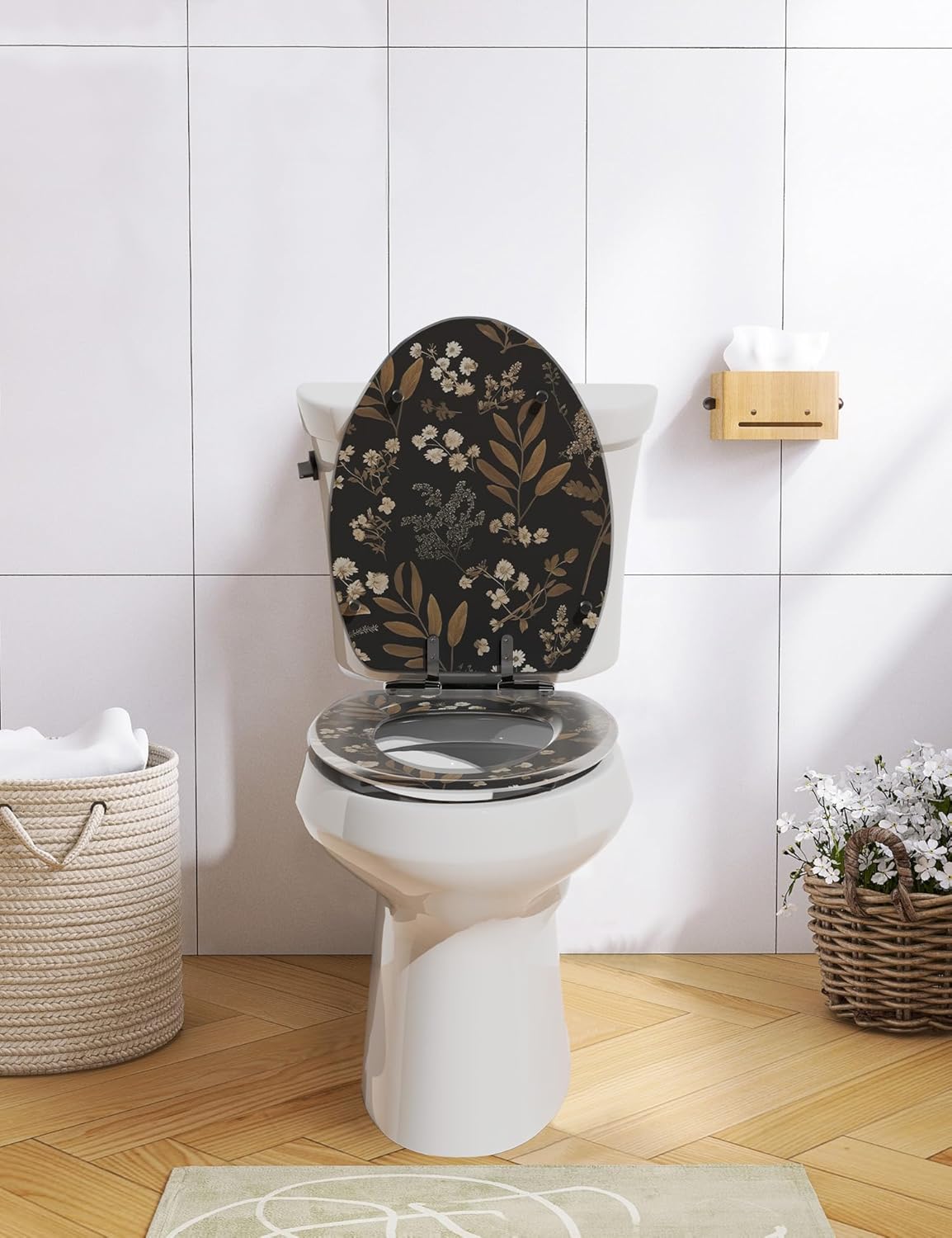 Elongated Resin Toilet Seat Black Floral Bathroom Decor, Slow Quiet-Close Lid and Seat Heavy Duty for Standard Toilets, Easy Installation & Cleaning (19 Inch,Black Floral,Upgraded hinge)