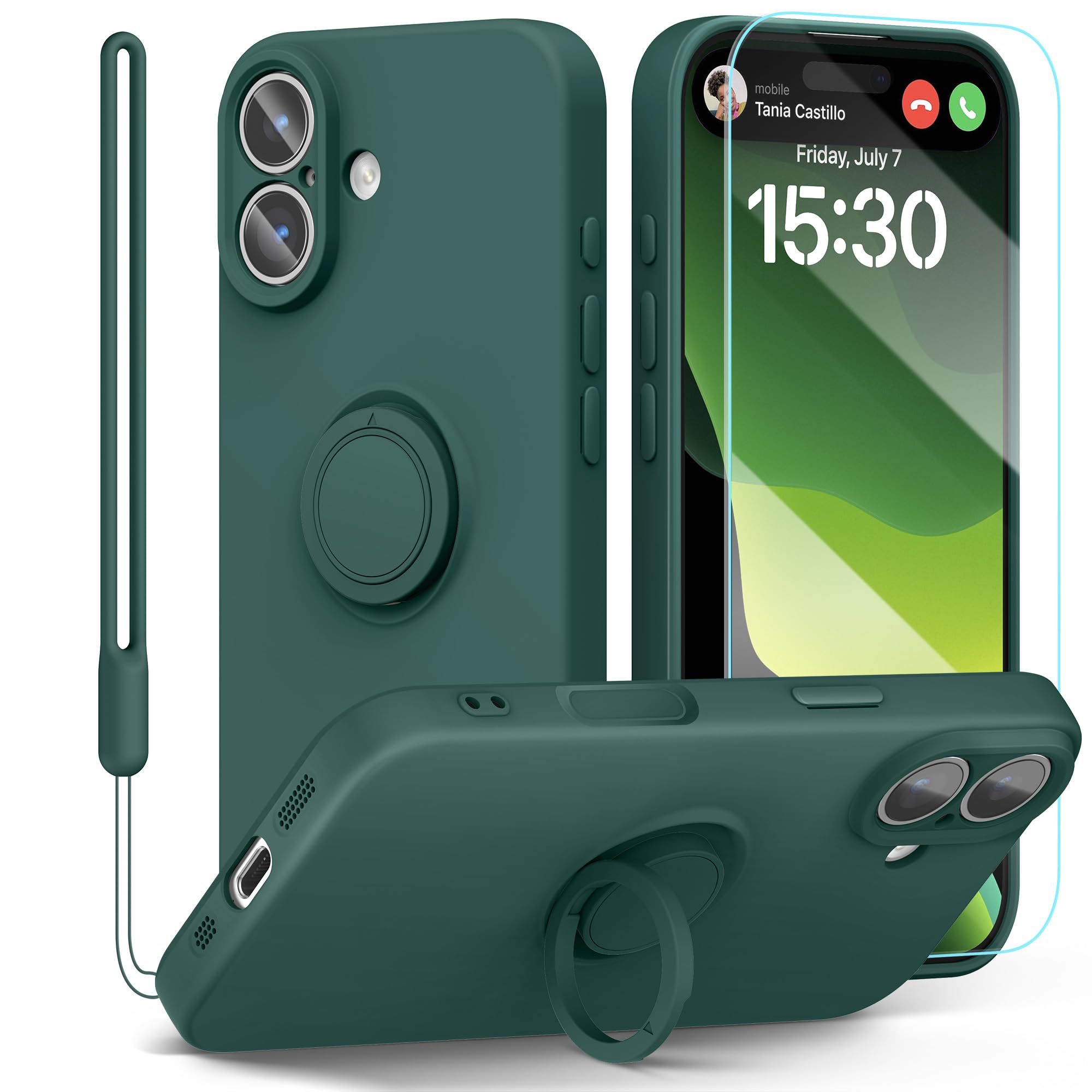 PCgaga for iPhone 17 Case Silicone, with 360° Ring Kickstand, Wrist Strap, Microfiber Lining, Supports Magnetic Car Mount Shockproof Case Cover for iPhone 17 6.3'' (Army Green)