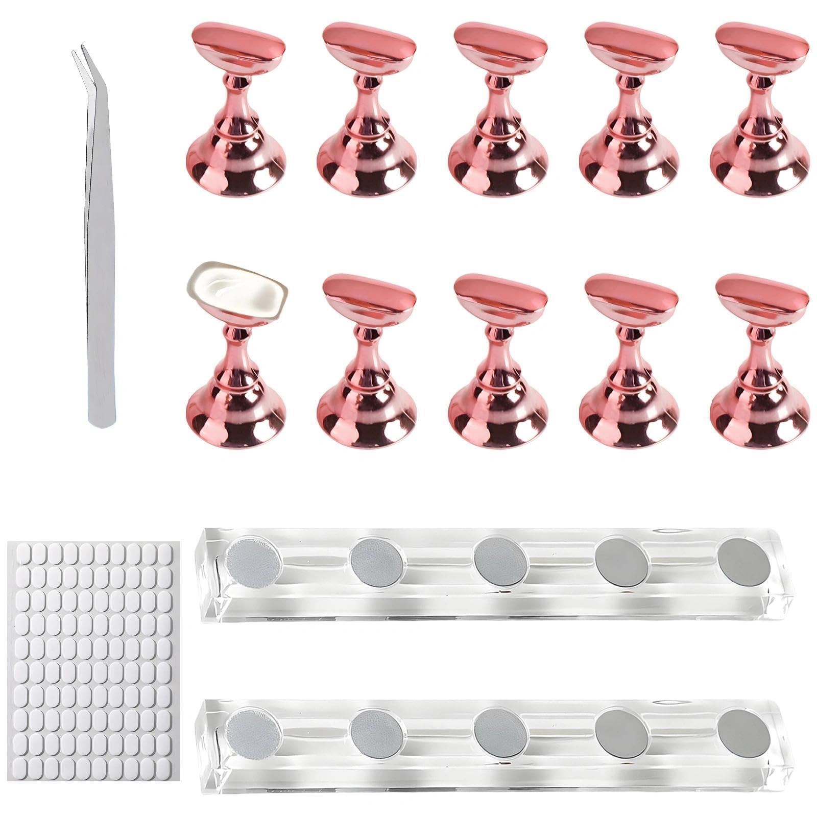 2 Set Nagelständer Display, Nägel Kunst Praxis Stands, Nagelübungshalter, Nägel Tipps Halter, mit 1 Doppelseitige Klebepunkte und 1 Pinzette Spitz, für Nagel Designing, Roségold