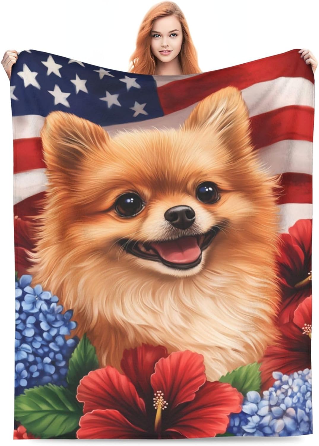 Pomeranian Blanket Gifts for Women, Men, Kids, American Flag Floral Puppy Flannel Throw Blanket, Warm Lightweight Cozy Plush Blankets for Couch, Bed, Travel, Living Room, Camping, Decor 60x50in