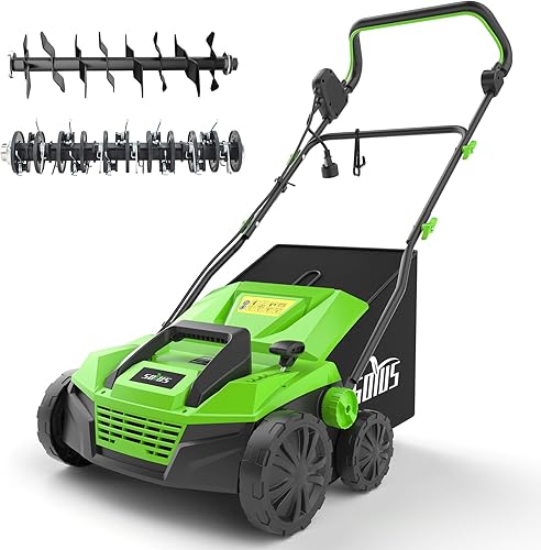 SOYUS Dethatcher eléctrico y escarificador de 15 pulgadas y 13 amperios con bolsa de colección Thath extraíble de 45 L, desthatcher de césped con