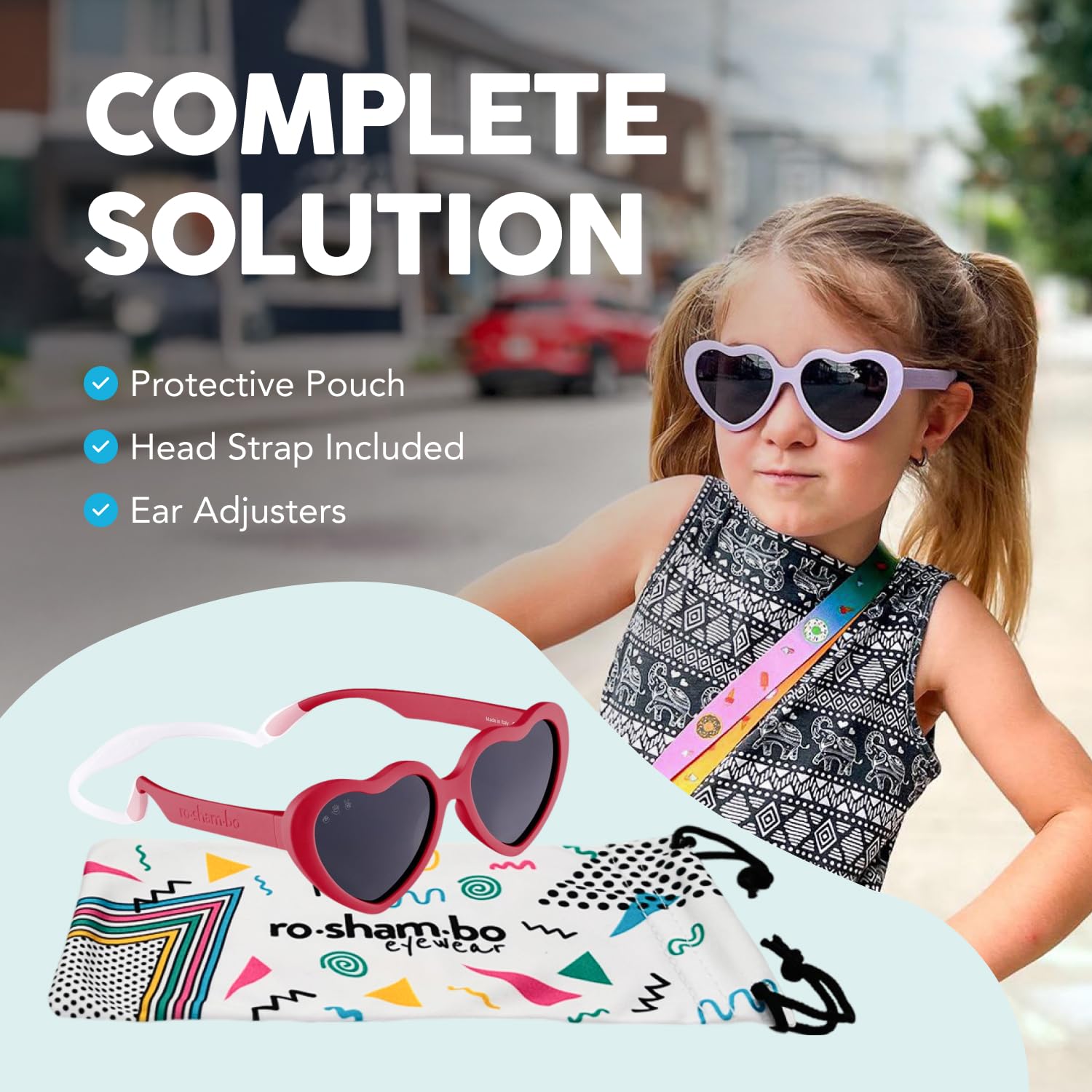 ROSHAMBO Unzerbrechliche Baby-Sonnenbrille in Herzform mit Riemen – Kleinkinder 0–24 Monate Mädchen Jungen 2–4 Jahre – polarisierte Gläser