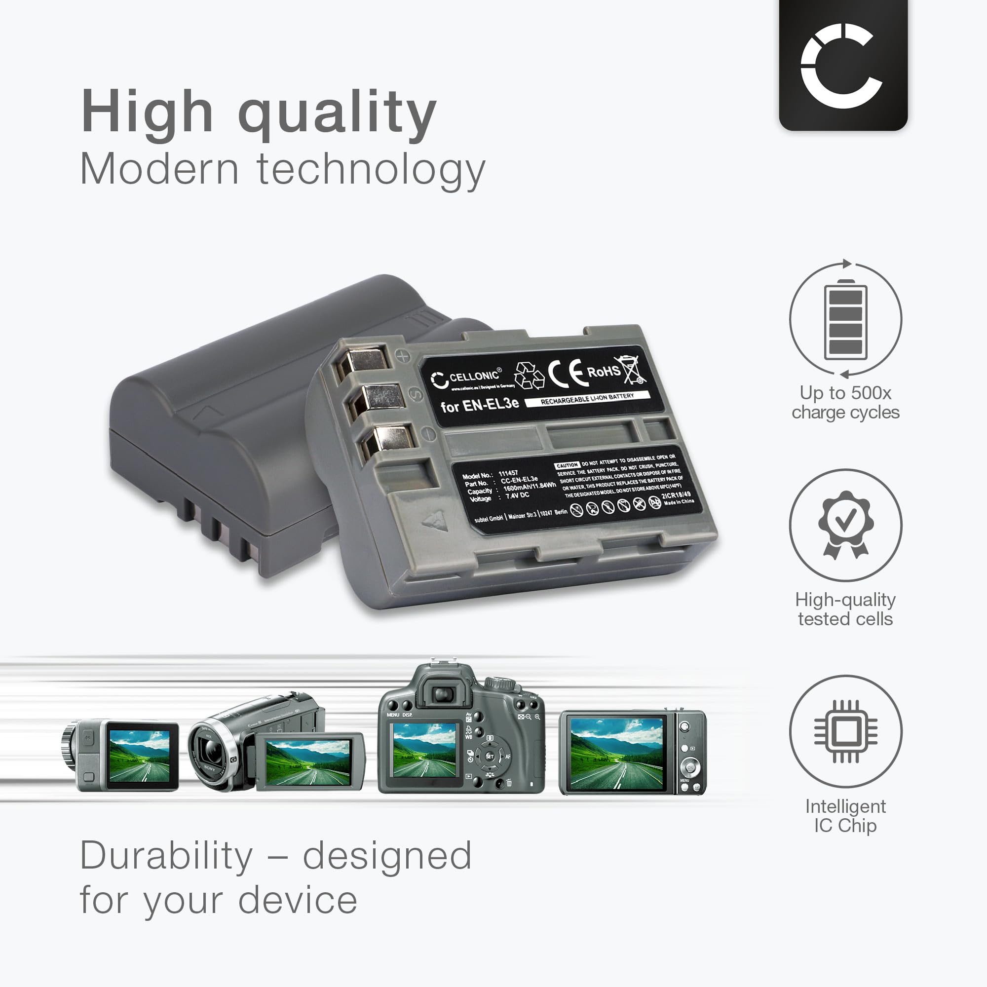 CELLONIC Bateria EN-EL3e 1600mAh + Ładowarka MH-18a Kompatybilny z Nikon D700 D70s D80 D900 D100 D200 D300 D300S D50 D70